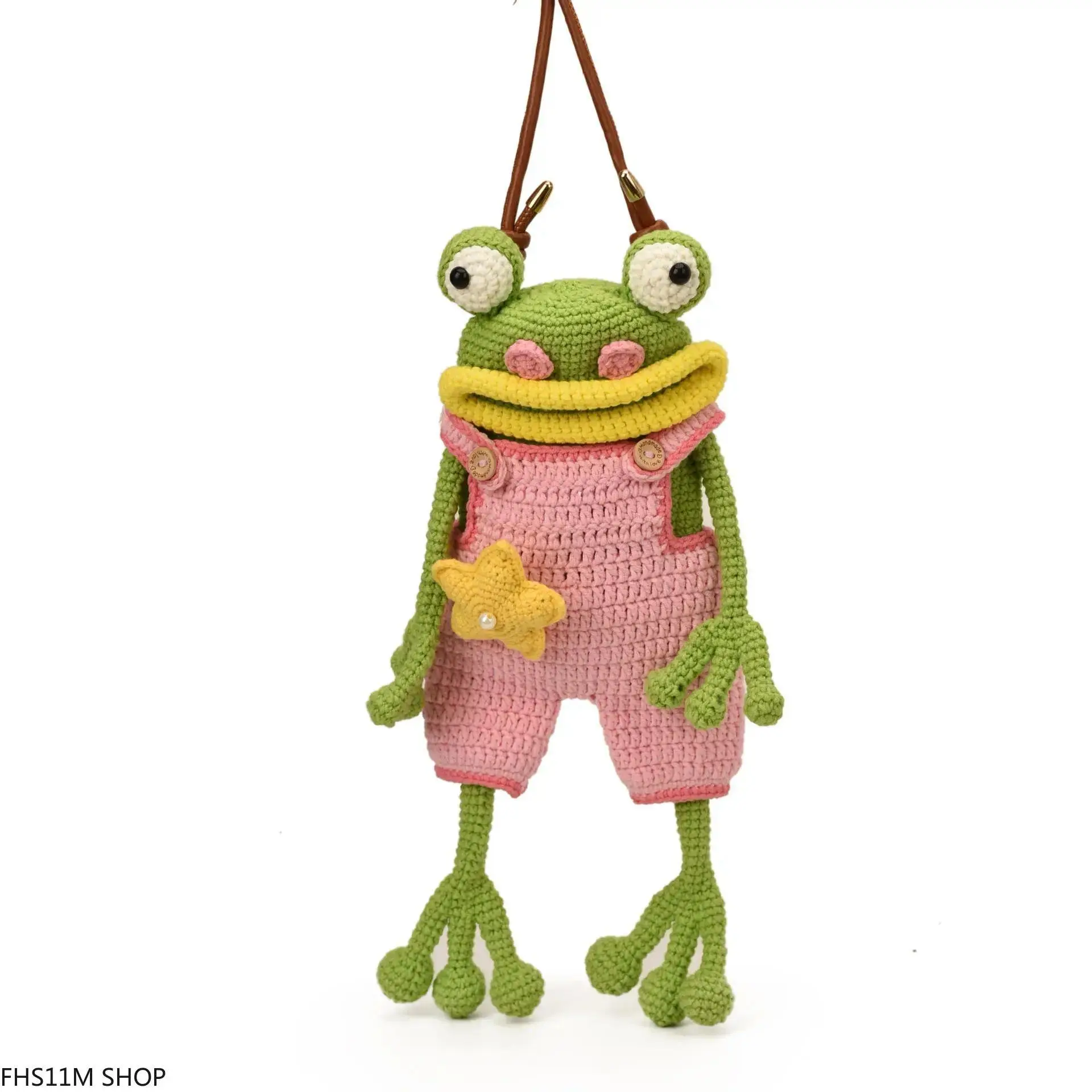 Hand-Knitted Frog Crossbody Bag With Leather Strap, No Assembly Needed, Cute Hand Crocheted Bag For Toddlers & Kids