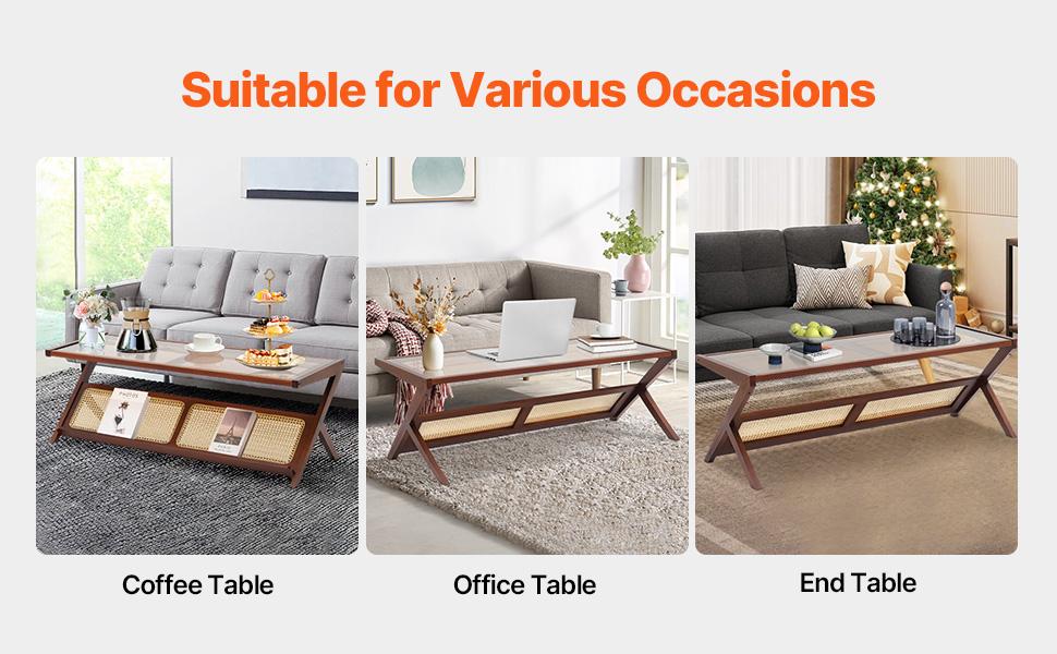 VEVOR Rattan Coffee Table, Z-Shaped Rattan Woven Bamboo Coffee Table with Tempered Glass Top, 47 Modern Boho Storage Coffee Table with Natural Bamboo Legs, for Living Room, Bedroom Small Spaces