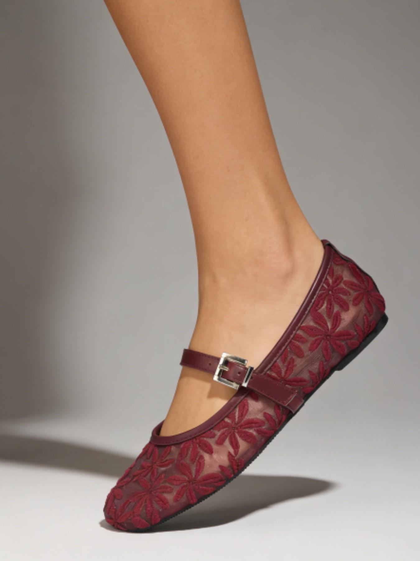 Vintage Wine Lace Mary Jane Shoes, Square Toe, Retro Style, Textile Upper, Rubber Sole, Embroidery Design, Less Than Ankle Height