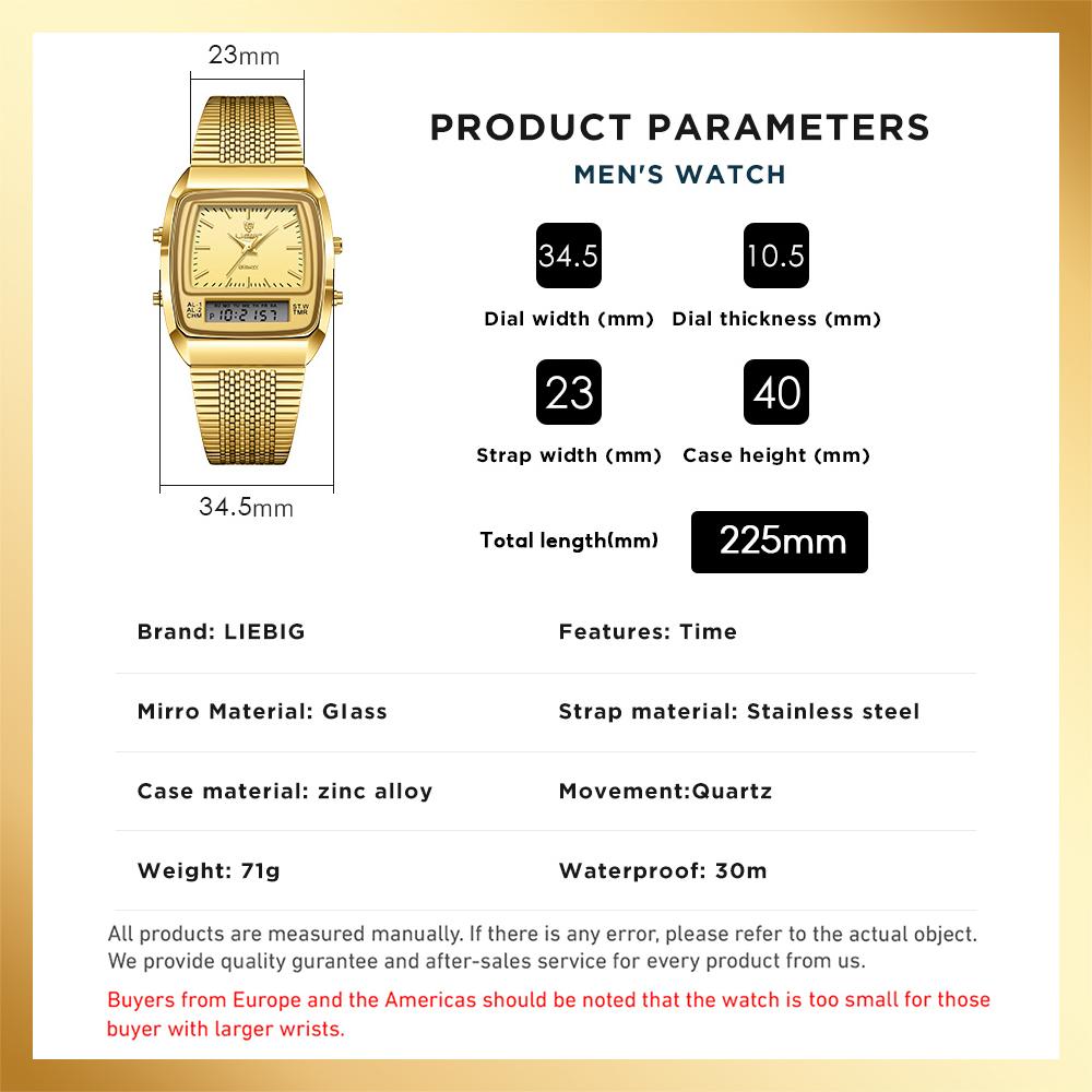 LIEBIG watches for men 34.5mm x 40mm x 10.5mm case 3ATM waterproof and scratch resistant mirror dual time zone fashionable gold watch multifunctional timing alarm clock digital sports watch couple's New Year gift