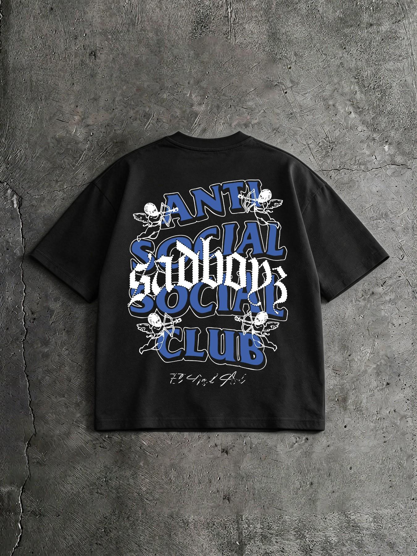 American Retro Y2K Anti-Social Cupid Print Loose T-Shirt, Unisex Fashion, Short Sleeve, Casual Wear, Long Length, Elastic Material