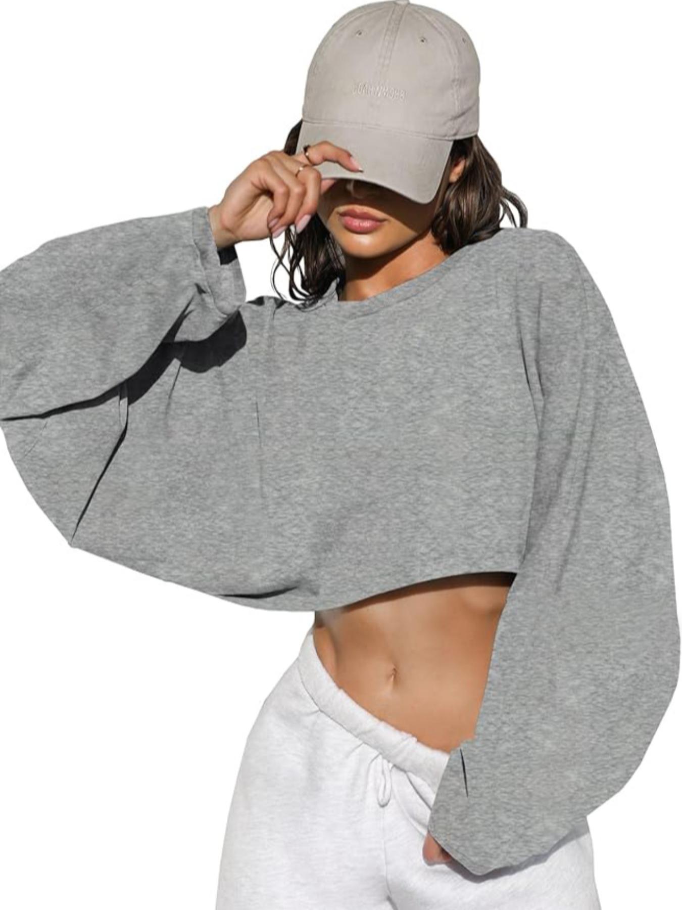 Women's Long Sleeve Round Neck Crop Top T-Shirt, Casual Solid Color Loose Pullover Sweatshirt, Perfect for Sports & Daily Wear, Casual Sporty Top