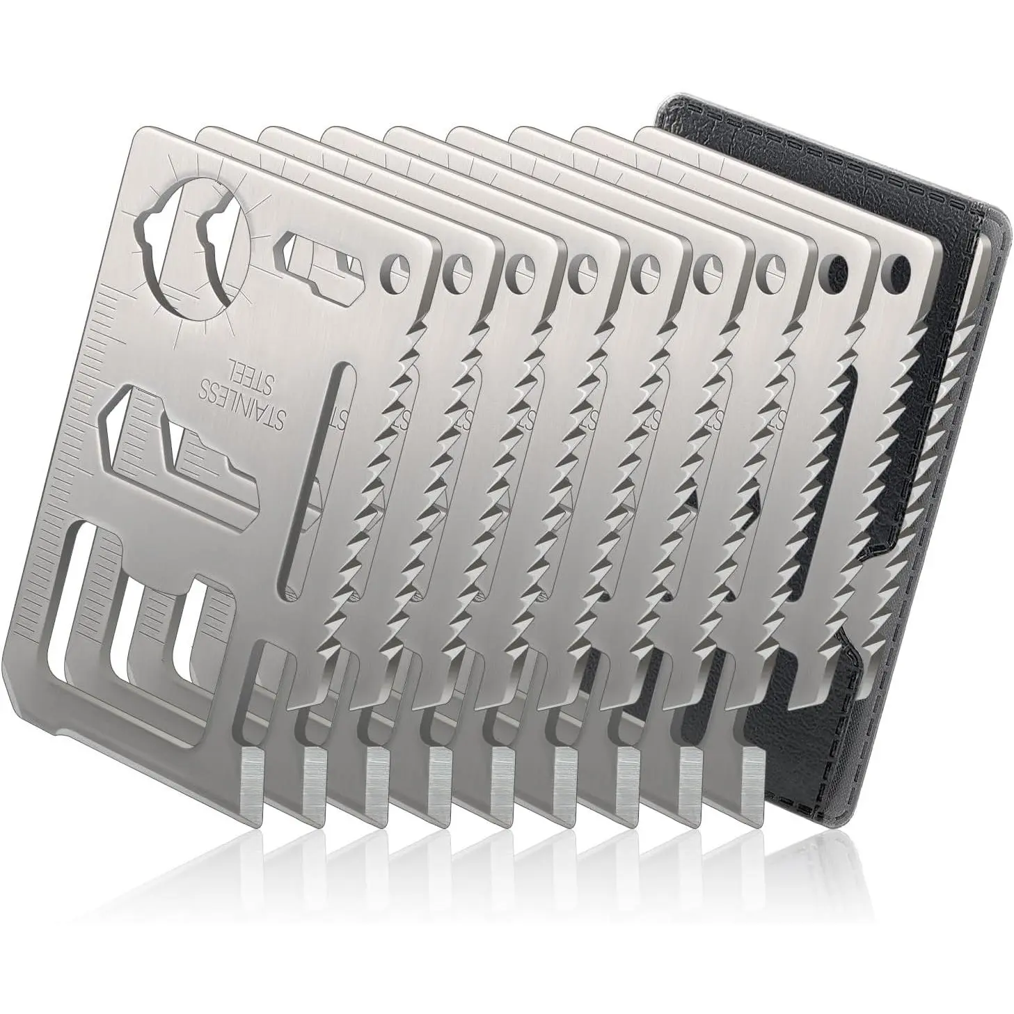 11-in-1 Multi-Use Stainless Steel Credit Card Multitool for Men (10 Pack) - Thickened Bottle Opener, Row Sawtooth Tool, Credit Card Wallet Tool, Emergency Kit