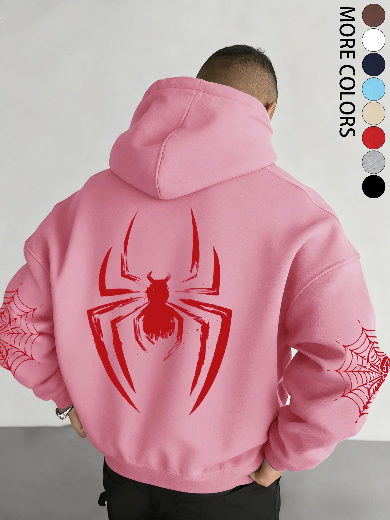 Men's Fall/Winter Spider-Print Hooded Sweatshirt with Drawstring and Kangaroo Pocket, Casual Street Fashion Hoodie, Casual Streetwear Hoodie, Comfortable Fabric, Fitted Graphic Sweatshirts