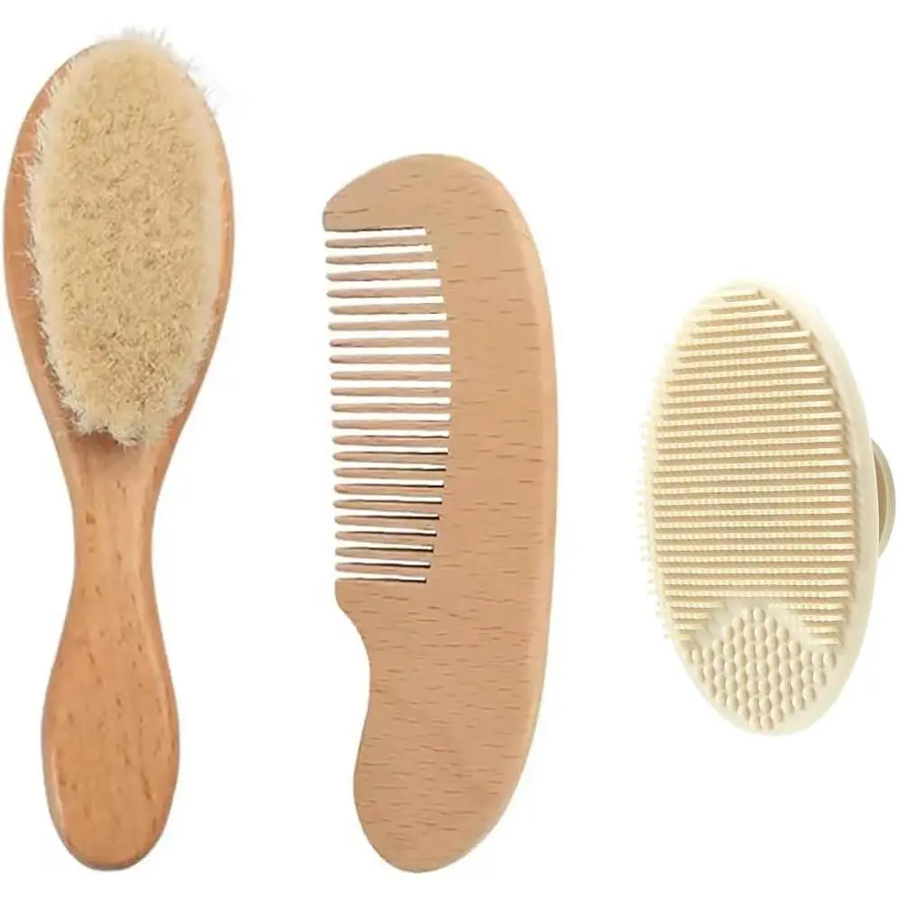 Unisex 3-Piece Baby Comb and Brush Set - Wooden Set with Silicone Cradle Cap Brush, Soft Goat Hair Hairbrush for Newborns and Toddlers