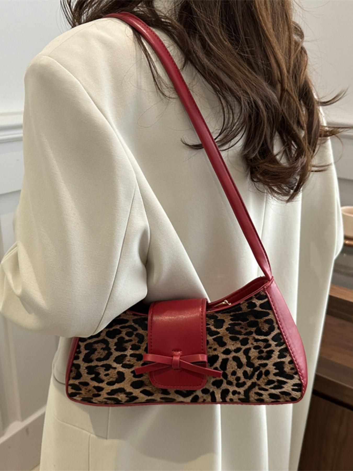 Leopard Print Fashion Trendy Bowknot Decorative Shoulder Bag, Stylish High-End Commuter Backpack, Unique Personality Design