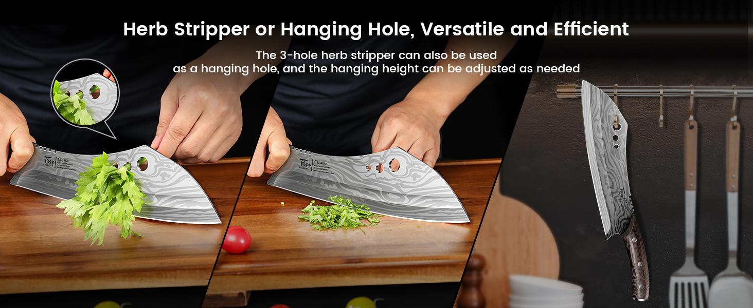 【TikTokShopSpringGlowUp】 SYOKAMI Butcher Knife, 10 Inch Meat Cleaver Chef Knife with Herb Stripper, Japanese Style High Carbon Steel Kitchen Knife for Chopping & Slicing, Damascus Pattern Full Tang Wood Handle, Christmas Mother's Day Gift