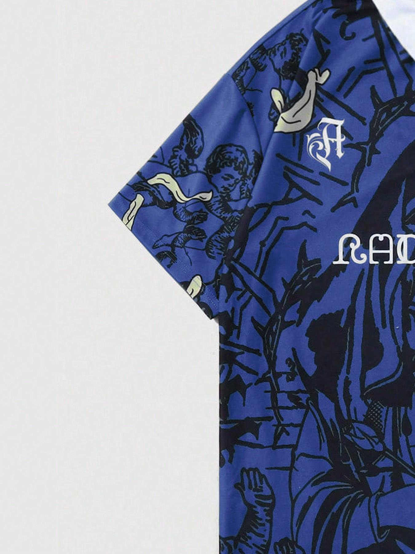 Men's Blue Religious Graphic Polo Shirt, Contrast Collar Short Sleeve Tee For Streetwear