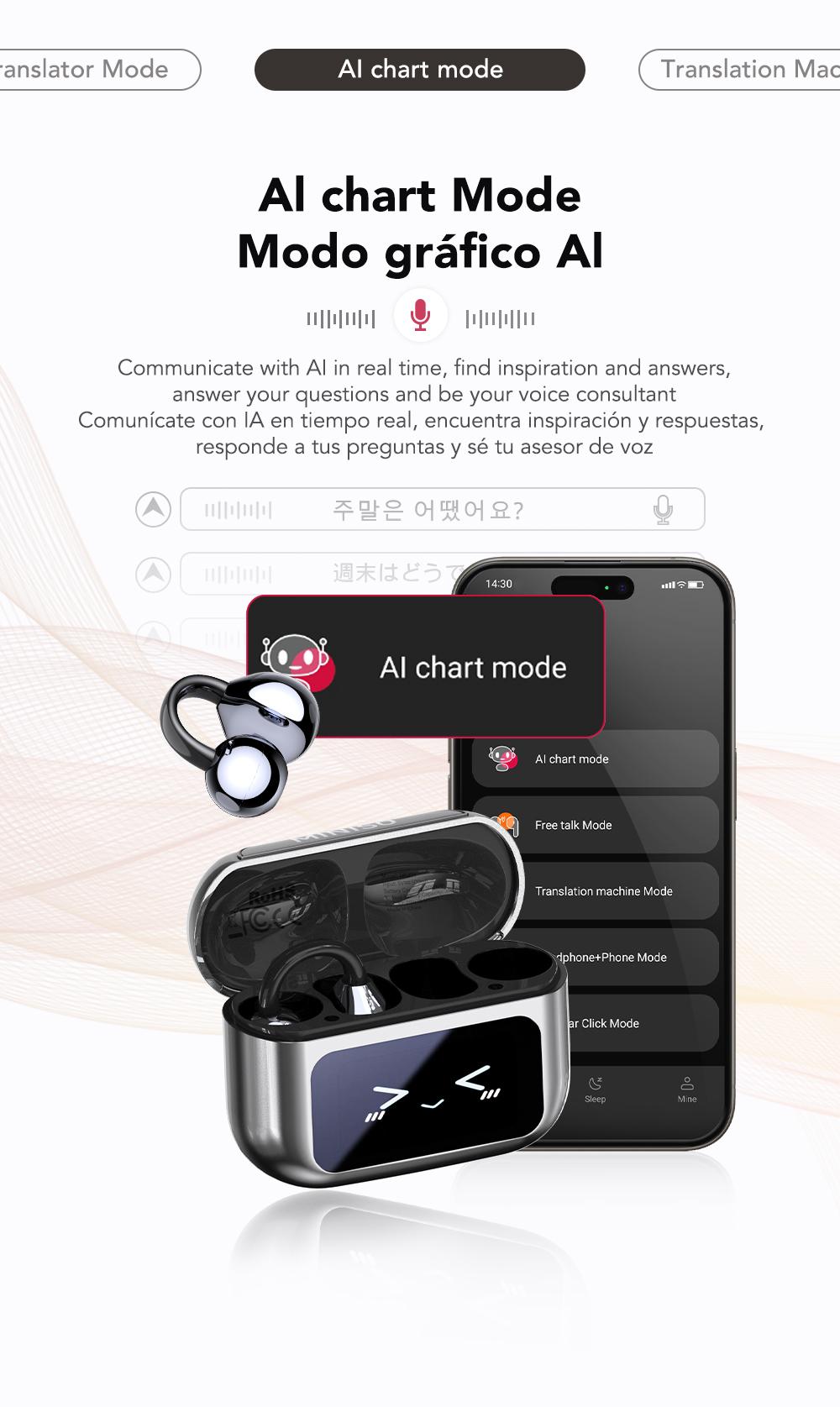 MINISO MS201 Clip-On Ear Headphones, Translation Earbuds, Translation in 134 Languages With APP, with Audio-Visual Touch Screen, Bluetooth 6.0 Earbuds, Wireless Headphones for Music & Phone Calls, Sport Waterproof & Sweatproof, with HD Mic