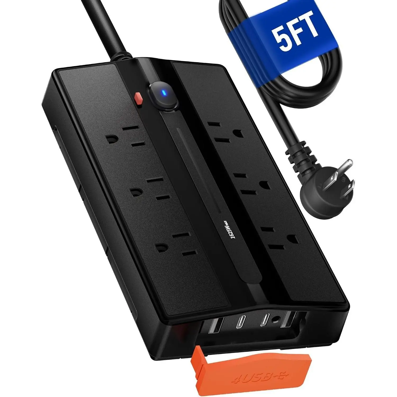 Outdoor IPX6 Waterproof Power Strip with Cover - 5ft Extension Cord, 6 AC Plugs, 2 USB-C & 2 USB-A Ports, 15.5W, 1625W/13A, Wall Mountable for Workshop & Porch, UL Listed Electrical Accessories for Device Protection, Devices