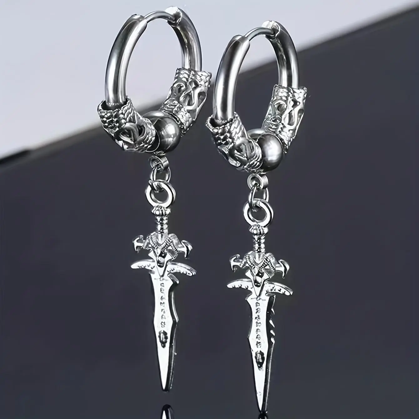 Hoops Shape Earrings in Stainless Steel, Unisex Punk Hip Hop Dragon Sword Drop Hoops - Statement Earring & Fashionable Jewelry Accessories