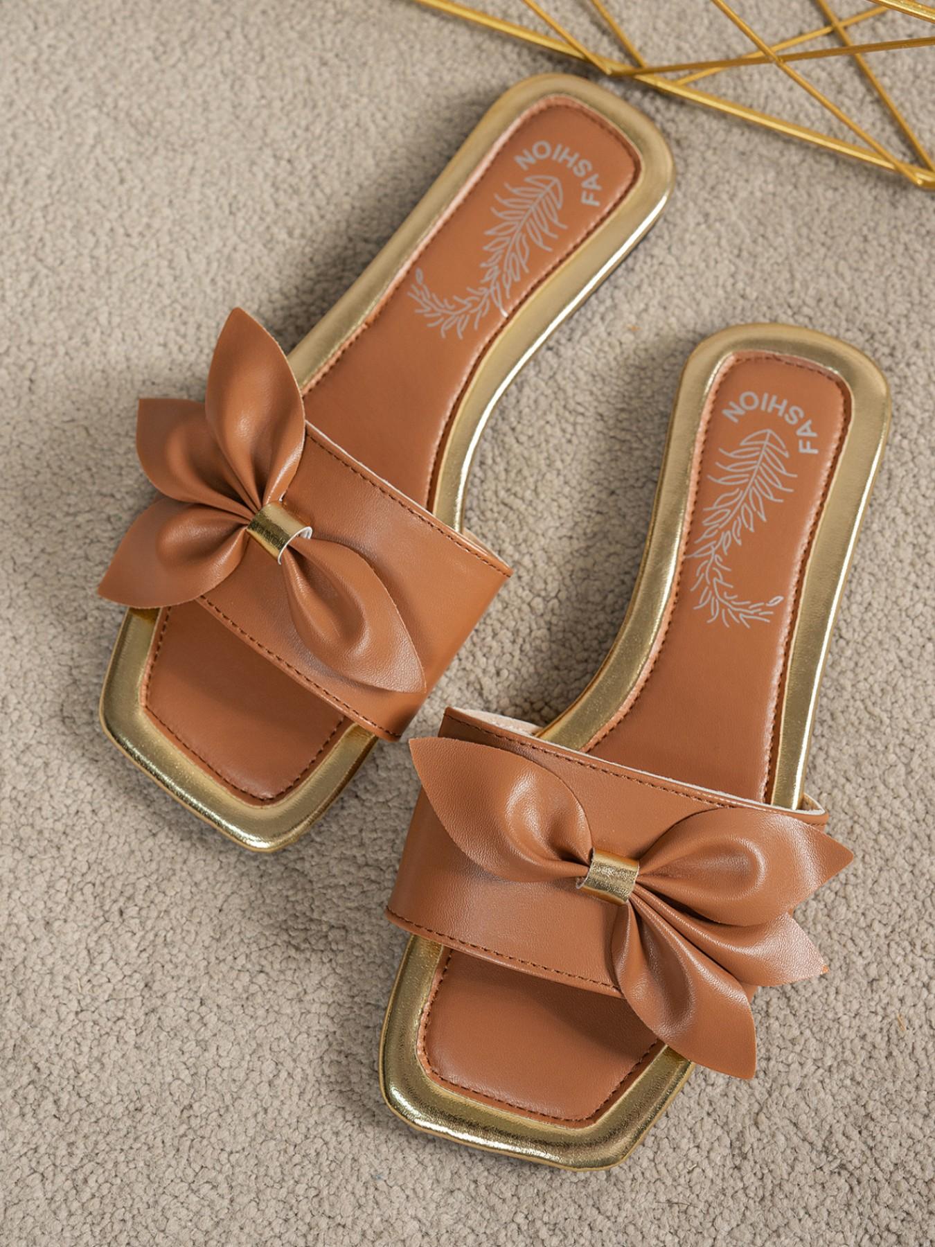 Women's Butterfly Knot Square Toe Sandals, Open-Toe Flat Slippers, Sweet Summer Beach Shoes, Casual Footwear for Women