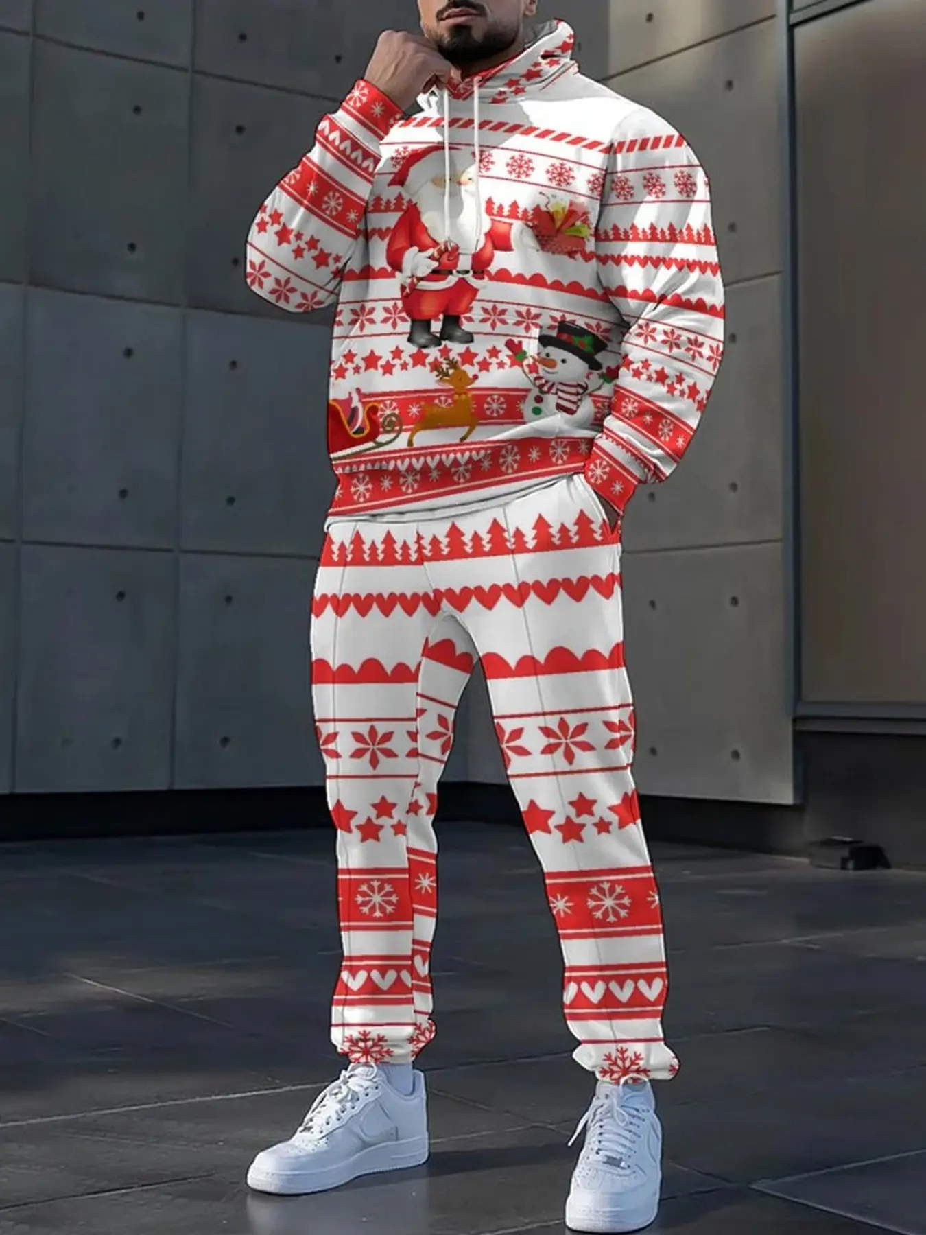 Men's Christmas Santa Print Hoodie Tracksuit 2 Piece Outfit, Snowflake Snowman Reindeer Graphic Hooded Sweatshirt & Jogger Pants Set, Holiday Casual Matching Suit