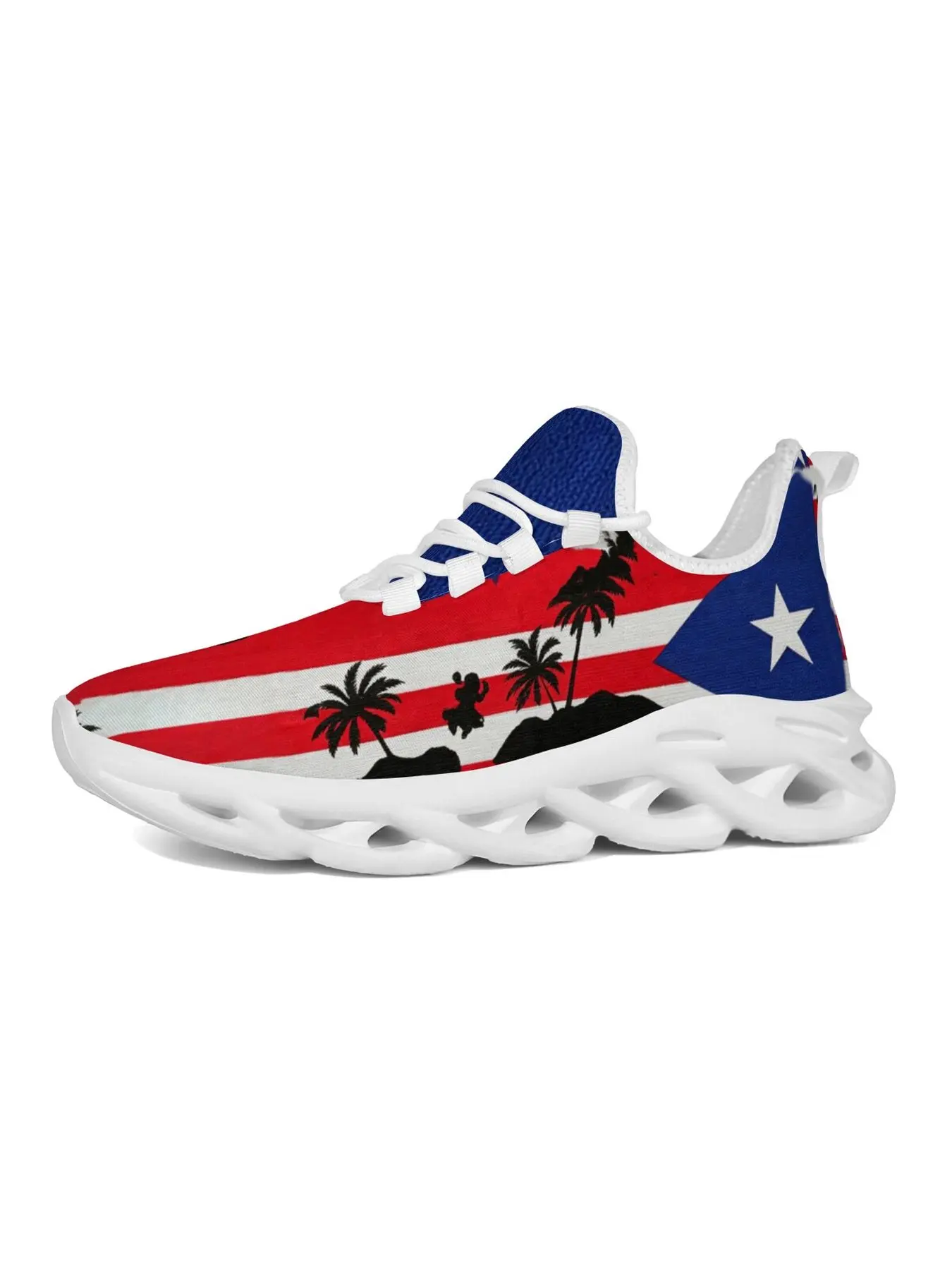 Trendy Puerto Rico Culture Graphic Sneakers Men Women Trending Sneakers, White Hollow Wave Blade Sole Puerto Rican Flag Coqui Frog Palm Tree Printed Flyknit Shoes, Flexible Breathable Anti Slip Lace Up Casual Footwear for Travel Street Vacation