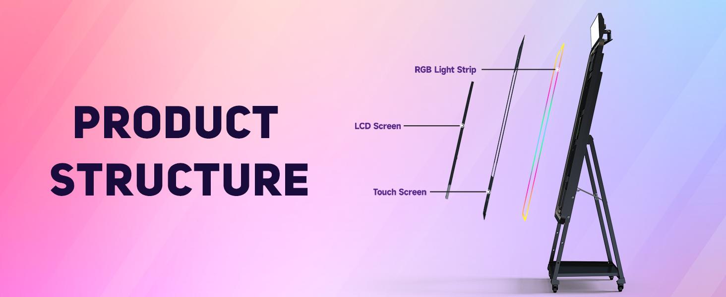 MWE 49" Magic Mirror Photo Booth – 32" Touch Screen, 1200W Selfie Camera, Built-in Dye Sublimation Printer (6-8"), RGB LED Strip Light, Chacktok App & Remote Control for Events