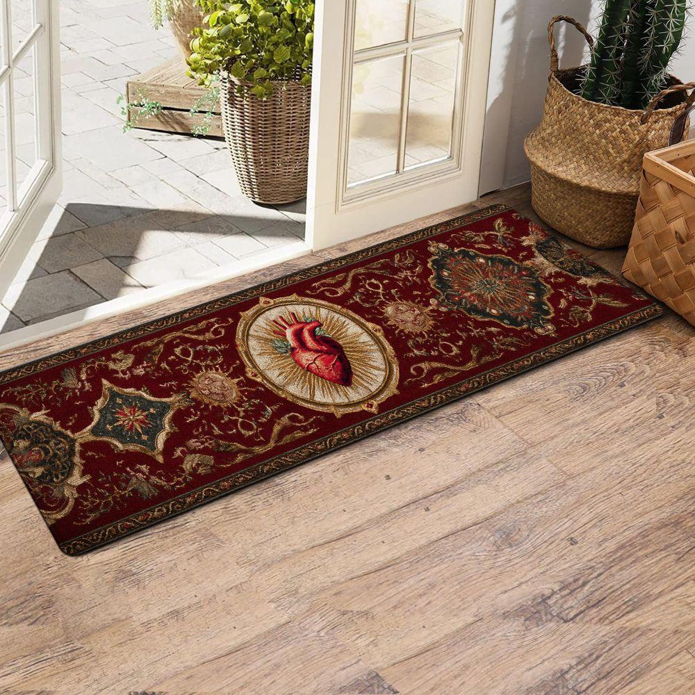 1PC， Wine - red Carpet with Heart Pattern strip rugs, home décor, bathroom mats, entryway mats, bathroom non-slip mats, indoor entrance rugs, bedroom bedside mats, kitchen mats, hallway rugs, flannel sponge rugs, hallway runner rugs