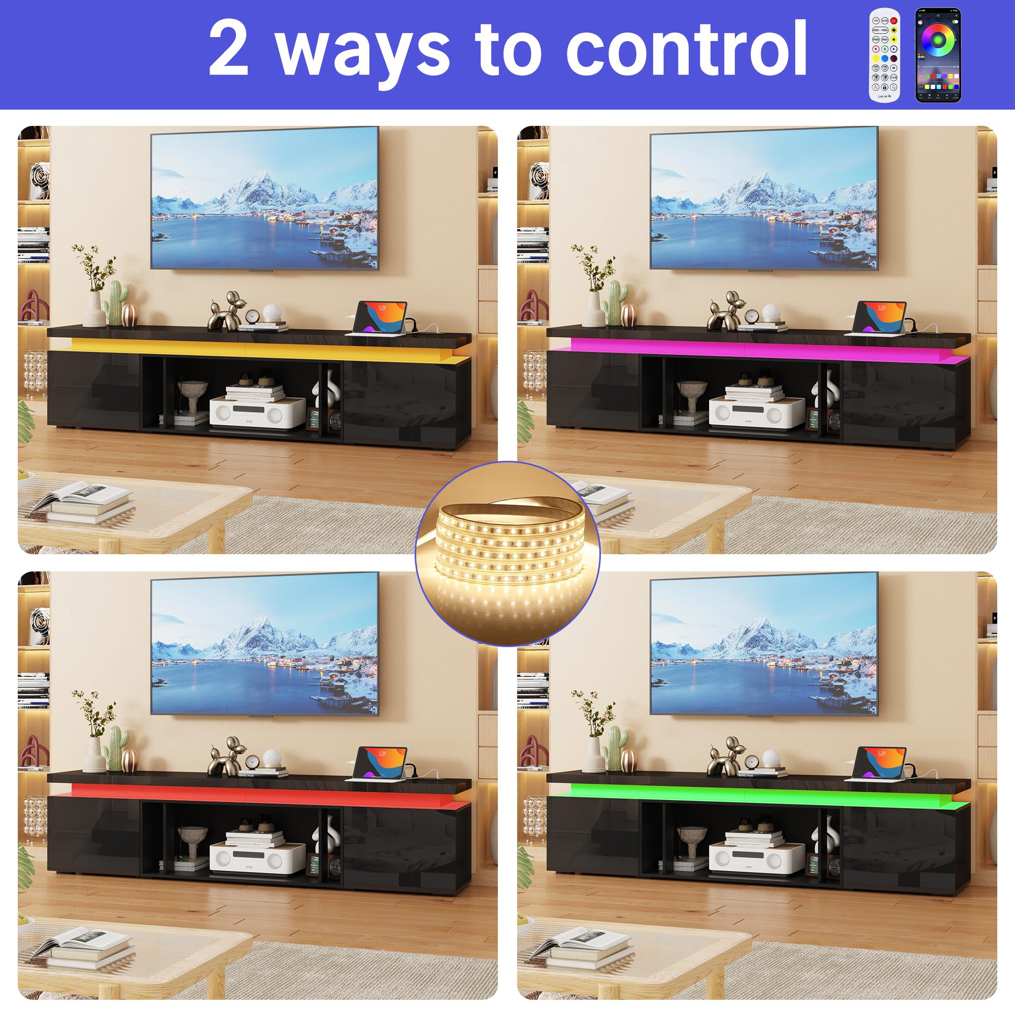 LED TV Stand for 70/75/80/85/90/95 inch TV/Fireplace TV Stand , TV Stand with 40" Electric Fireplace & Power Outlet, High Gloss Surface, 2 Storage Cabinet, Modern Style for Living Room (83 Inch/71 Inch, White/Black)