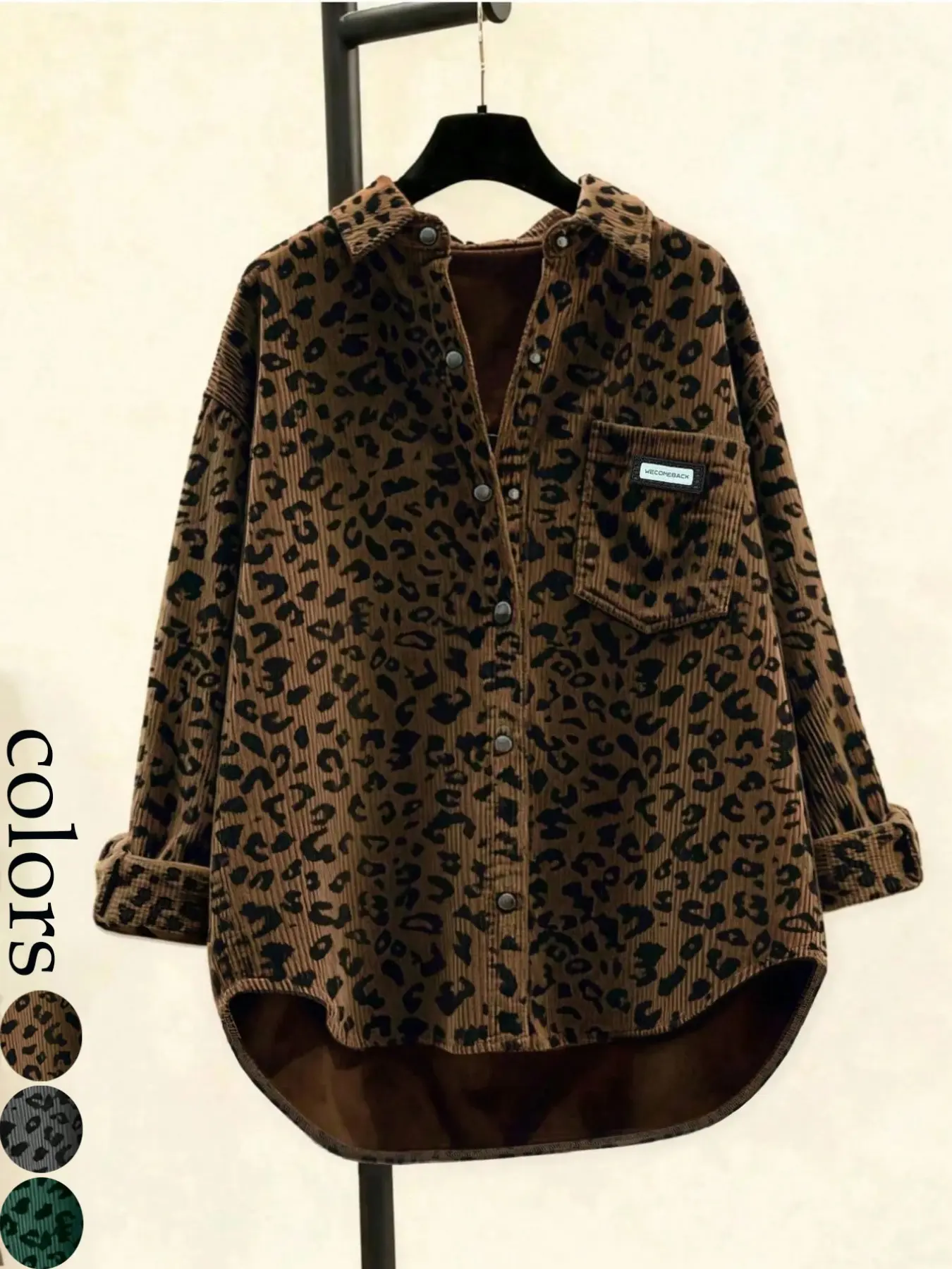 【Black Friday】New Women's Casual Fashion Street Style Leopard Print Corduroy Button Front Pocket Shirt Jacket, Trendy Outerwear for Everyday Wear