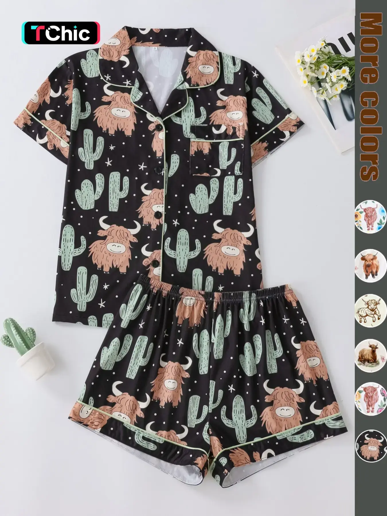Women's All Over Cartoon Yak & Cactus Print Short Sleeve Pajama Two-Piece Set, Pajamas Lounge Set, Comfy Button Front Chest Pocket Design Lapel Neck Top & Elastic Waist Shorts PJ Set, Ladies Sleepwear for All Seasons