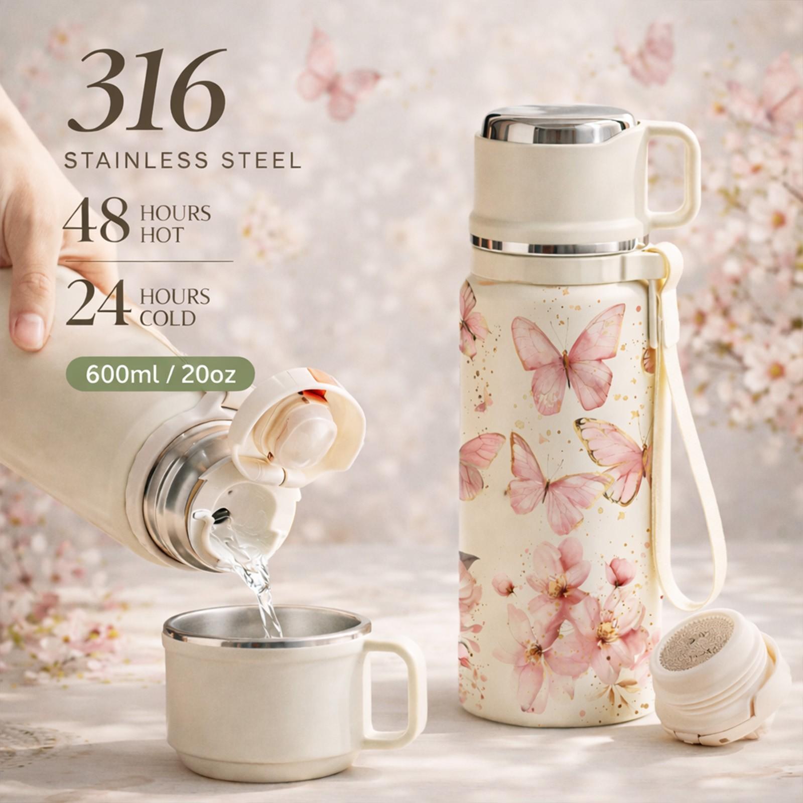 1 Pc Thermal Cup, 600ml Insulated Mug, Double Wall Vacuum Mug, Leak Proof Skinny Tumbler With Handle And Strap, 24 Hours Hot 48 Hours Cold, Portable Travel Mug For Coffee Tea Juice, Gift For Women Men Holiday Daily Use