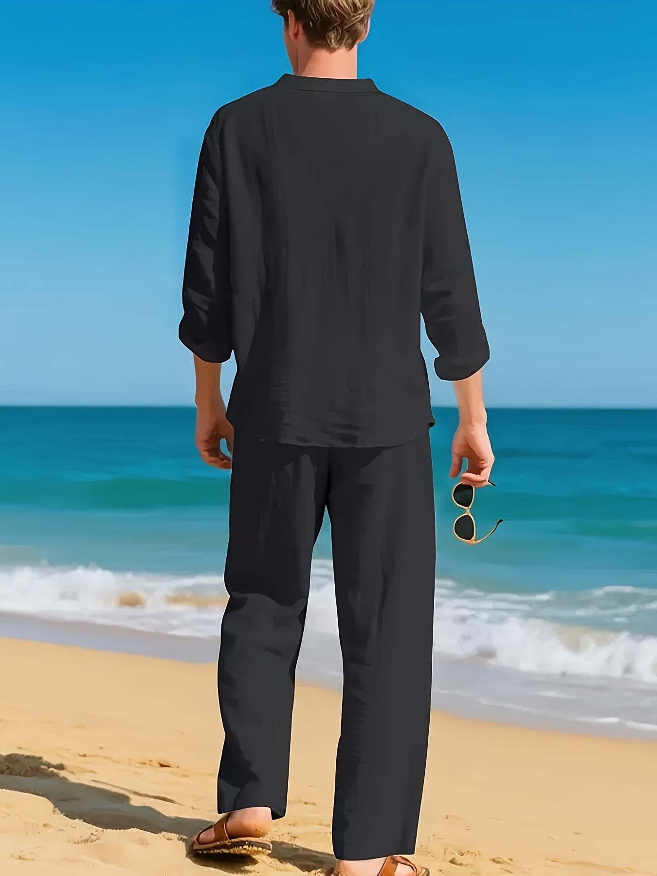 Men's 2-Piece Linen Pajamas & Loungewear Set - Long Sleeve, V-Neck, Loose, Breathable, Casual Menswear for Autumn, Winter