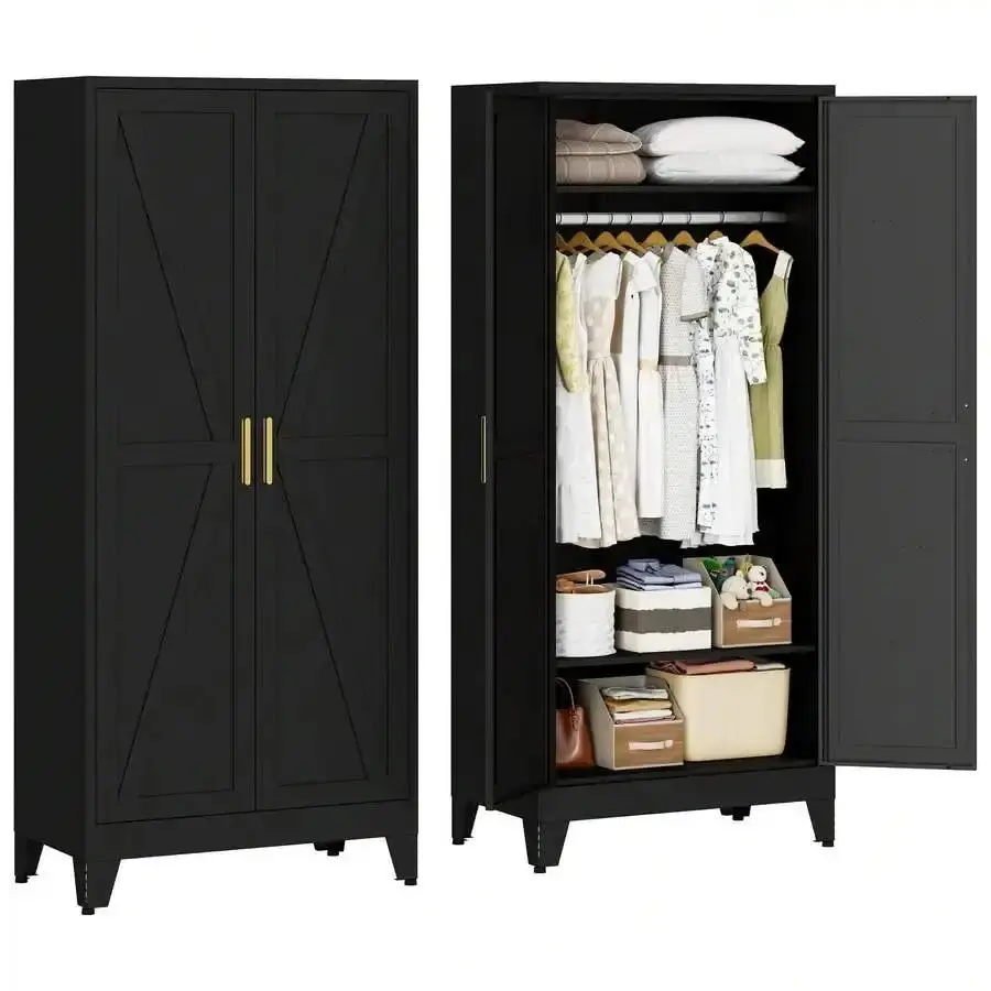71-Inch Rectangular Classic Metal Wardrobe - Double-Door, Double-Layer Adjustable Shelves, Hanging Rods, Curved Back for Bedroom, Laundry Room