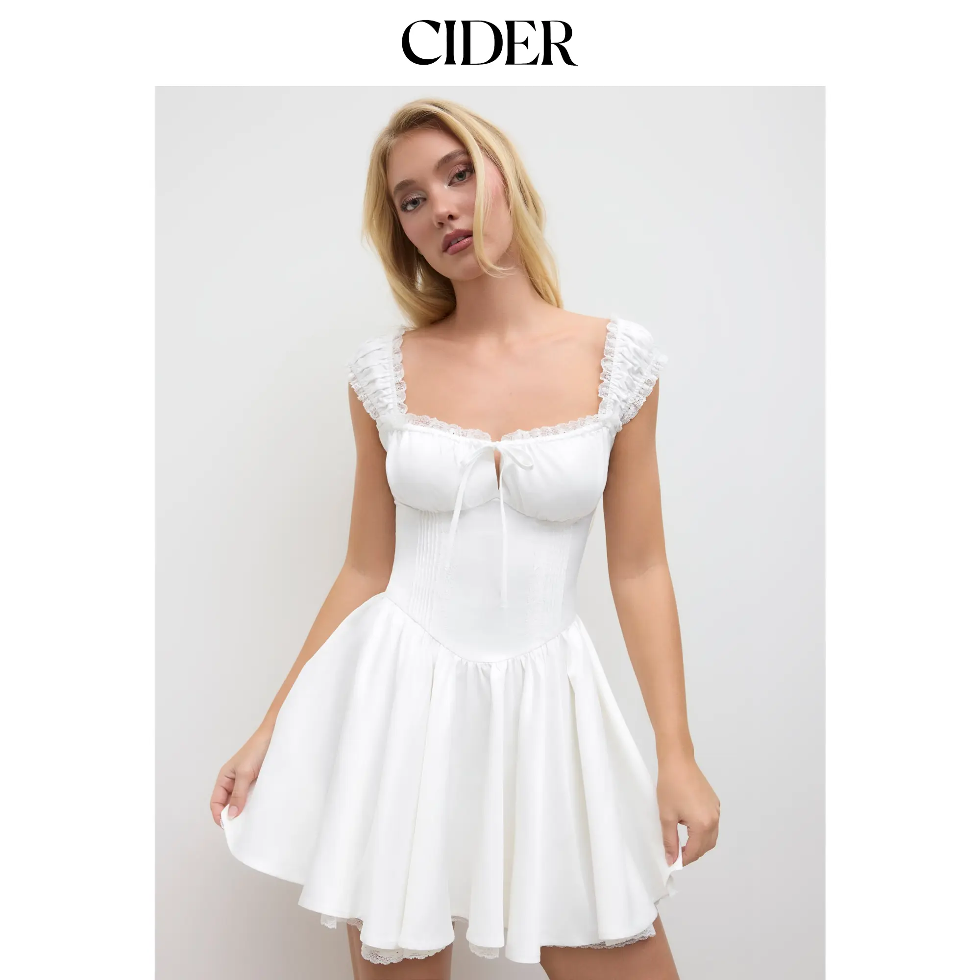 Cider Sweetheart Lettuce Trim Ruffle Knotted Mini Dress