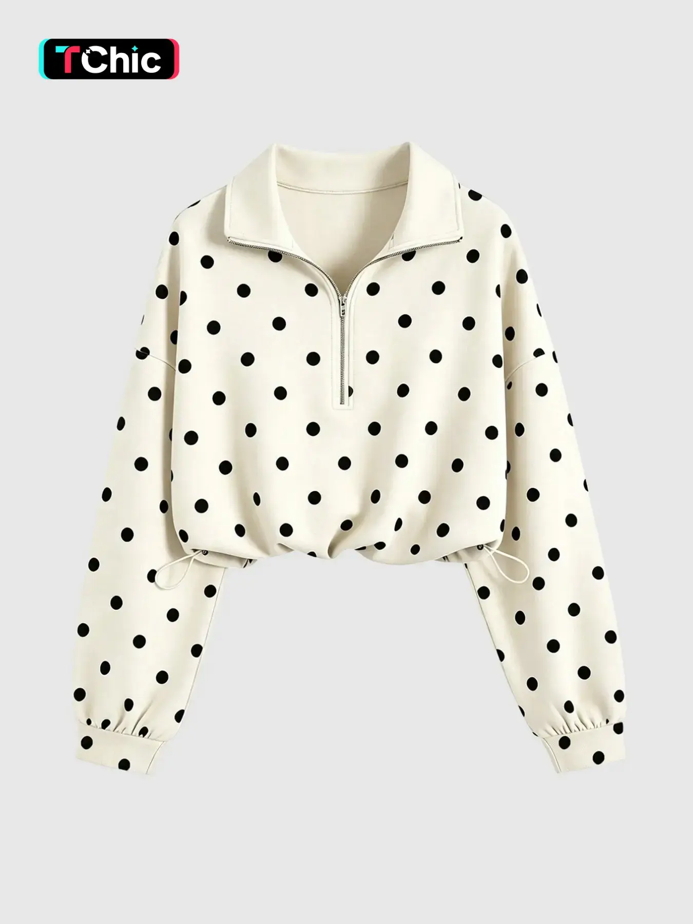 Women's Polka Dot Half Zip Collared Cropped Sweatshirt Drop Shoulder Long Sleeve Pullover Adjustable Drawstring Hem Loose Oversized Trendy Dot Pattern Top Casual Streetwear Blouse