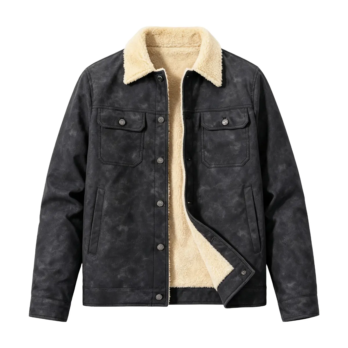 Men's Sherpa Collar Trucker Jacket, Button‑Front Vintage Washed Outerwear, Fleece Lined Interior, Fluffy Turn‑Down Collar, Dual Chest Snap Pockets & Side Hand Pockets, Retro Workwear Coat For Fall Winter Daily Travel Street Casual Outfits