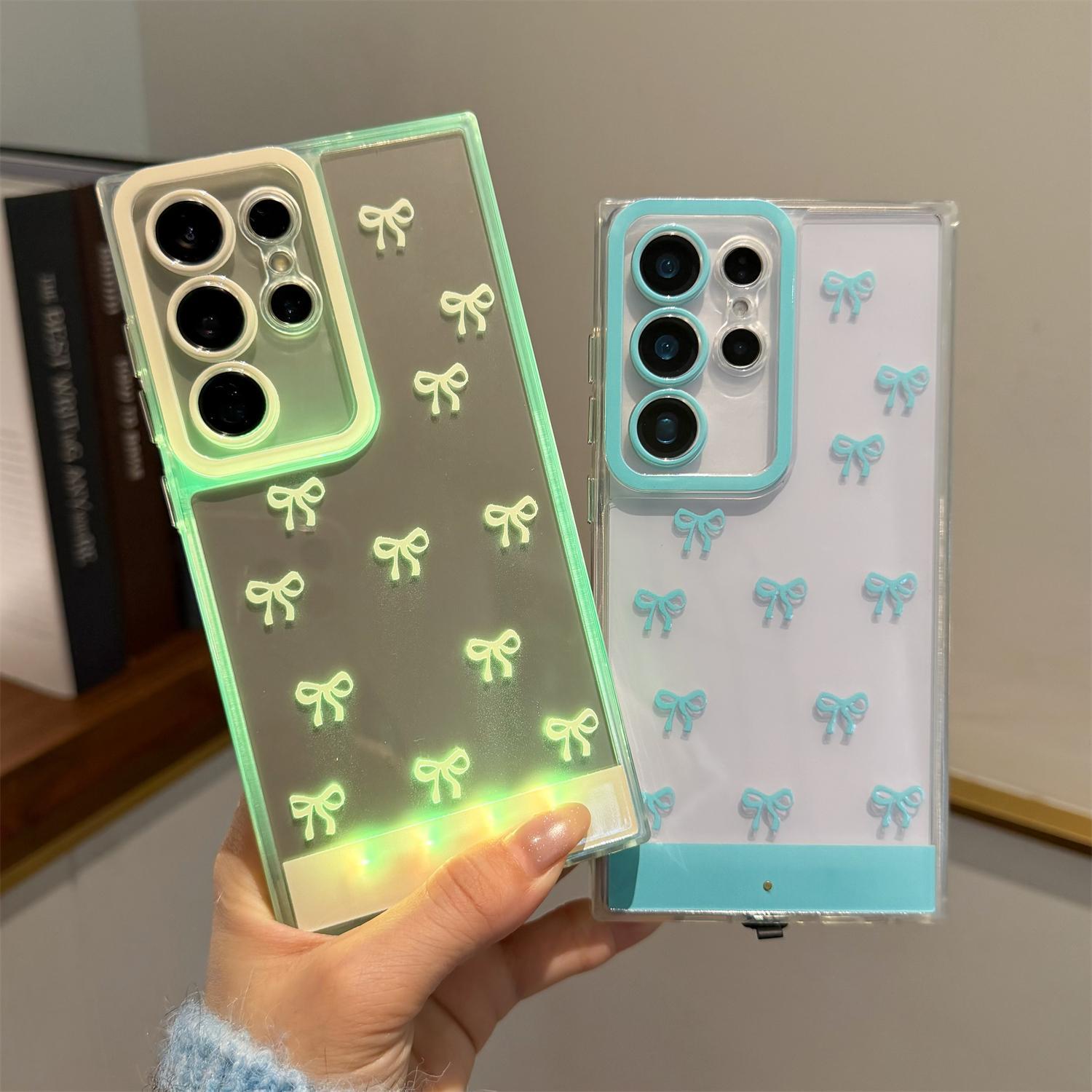 LED Light Up Bowknot Case for Samsung Galaxy S24/S25/S26 Ultra Plus, LED Flash Light up Incoming Call Phone Case, Shockproof Clear TPU Cover for Women Girls, Accessories, Smartphone#SummerVibes summervibes Cellphone Protection