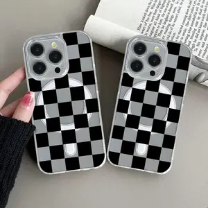 Clear Black White Checkerboard MagSafe Phone Case For iPhone 17,16,15,14,13,12 Samsung S 20,21,22,23,24,25,26 Ultra Plus Fe Note Edeg Shockproof Protective MagSafe Cover