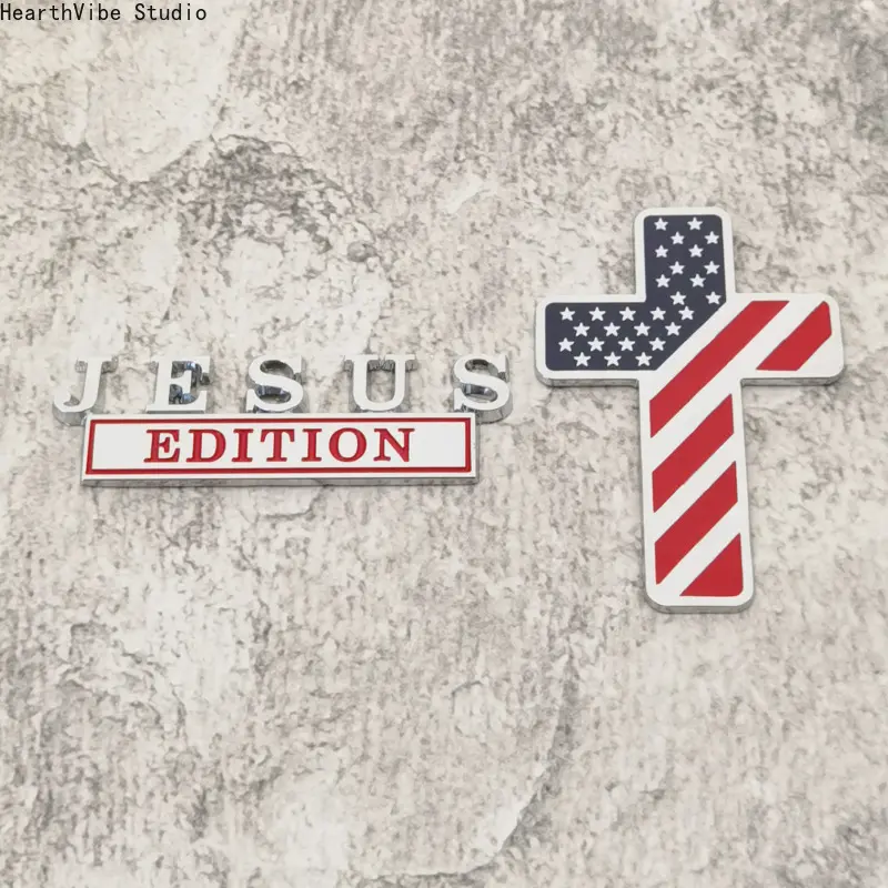 3D Metal Jesus Cross Car Emblem Badge Set, American Flag Christian Auto Decal Sticker, Heavy-Duty Weatherproof Trucks Fender Trunk Decor for Men