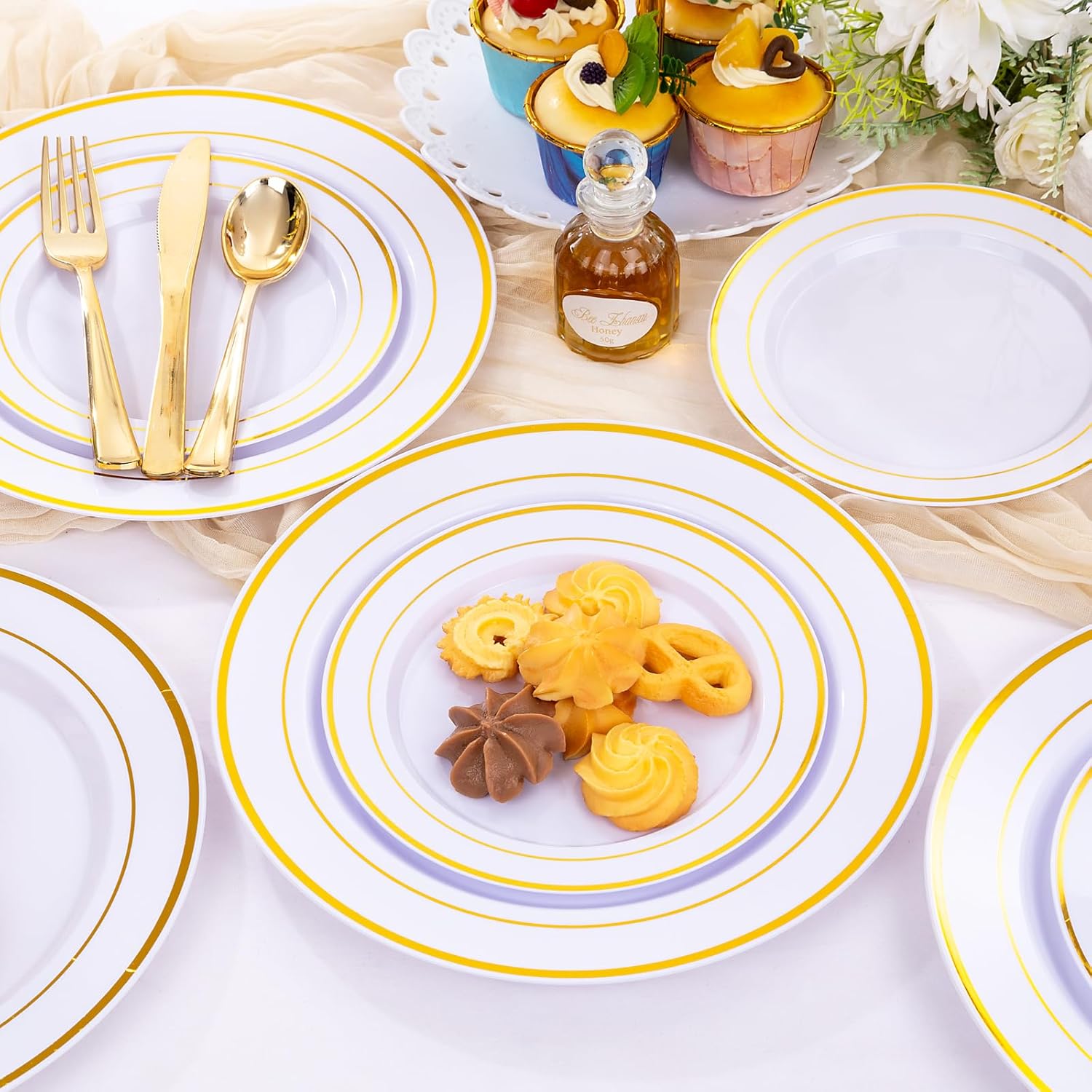 Gold/Silver/Rose Disposable Plates and Silverware Set: Dinner Plates,Dessert Plates, Cups,Napkins,Knife, forks, spoons-Perfect for Party