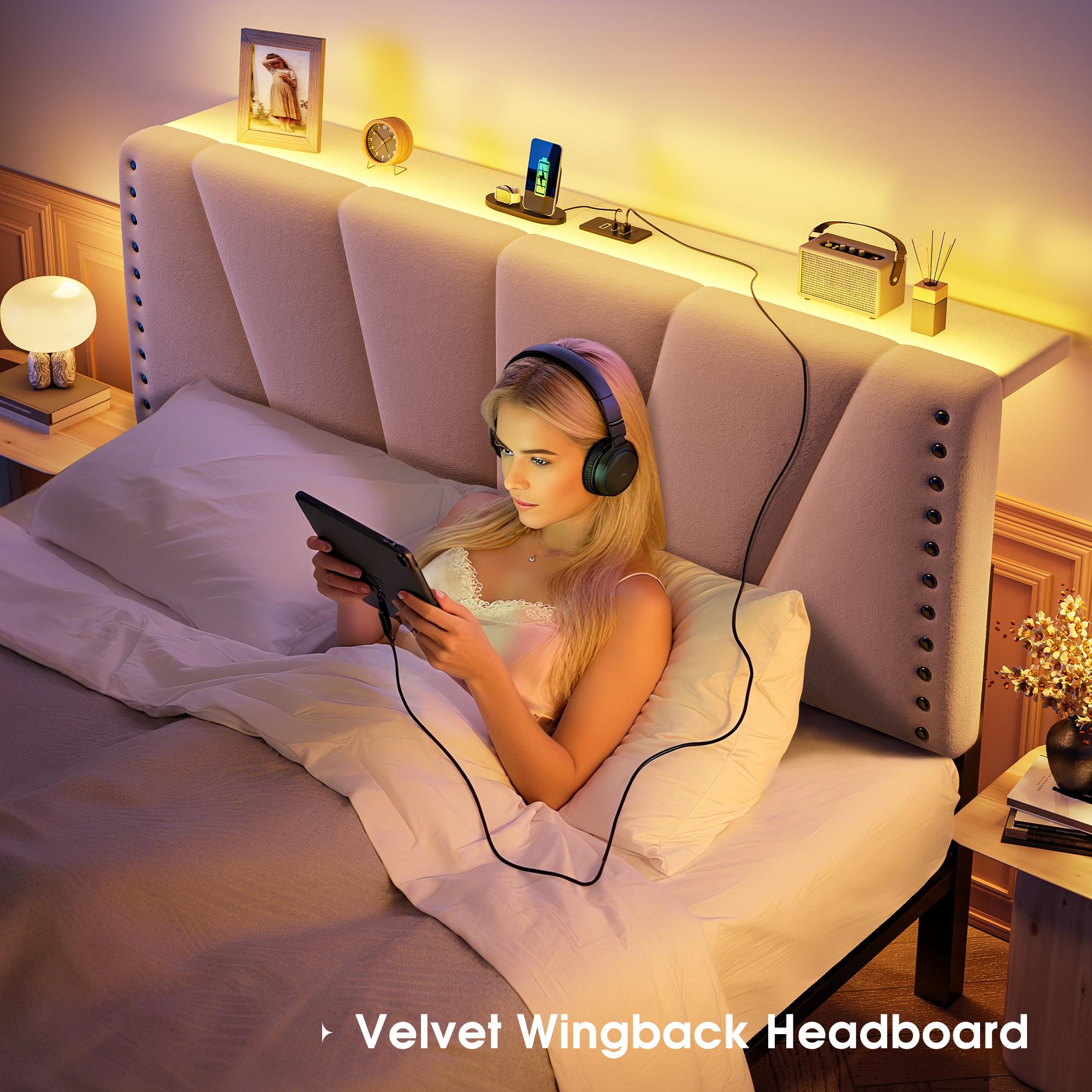 Full/Queen/King Size LED Bed Frame with Velvet Storage Headboard Platform Bed with Charging Station, No Mattress, Sturdy Wooden Slats Support