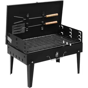 Portable Square Charcoal Grill, Outdoor Foldable BBQ Grill with Barbecue Accessories & Lid for Cooking Camping Picnic Hiking Beach Party Patio Smokers, Height Adjustable for 3 to 5 People