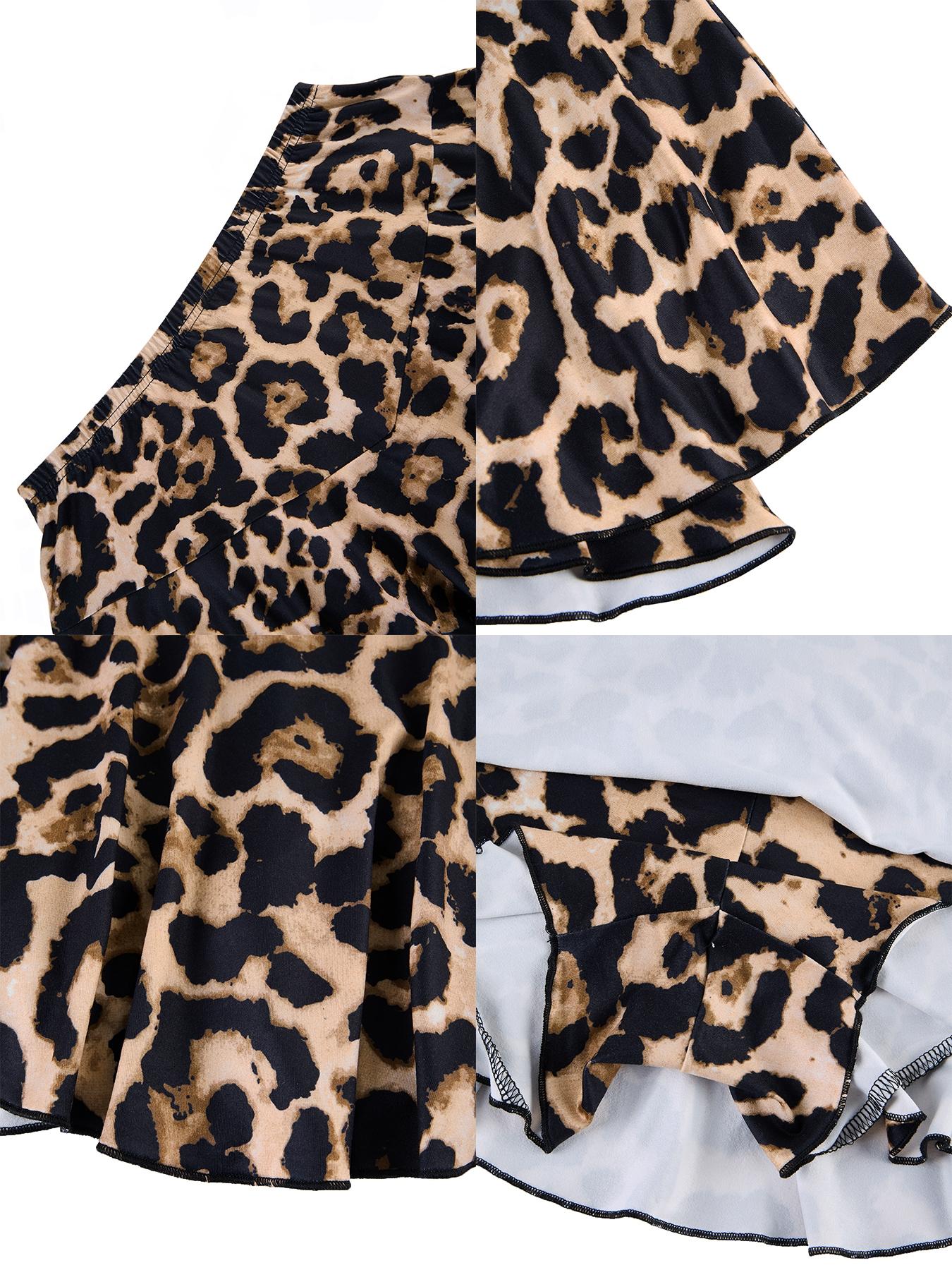 Leopard Print Two-Piece Set For Women Womenswear Plus Size Suit Fashion Style Elegant Chic Sexy Clothing Sloped Shoulders Long Sleeve Fitted Crop Tops And High Waist Short Skirt Suits