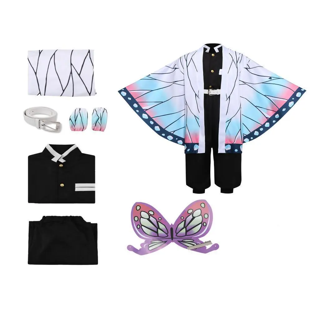 Anime Demon Slayer Shinobu Cosplay Costume Set - Adult/Children Uniform with Wig for Halloween Parties, Polyester Fabric, Uniform Costume, Collared Neck