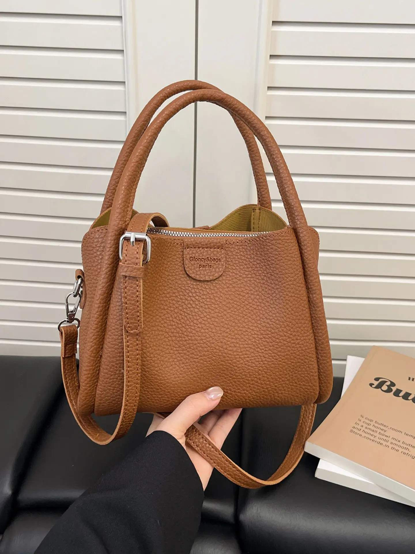 Litchi Texture Mini Handbag, Soft Structured Design with Flip Cover, Dual Short Handles, Detachable Long Strap, Perfect for Daily Use