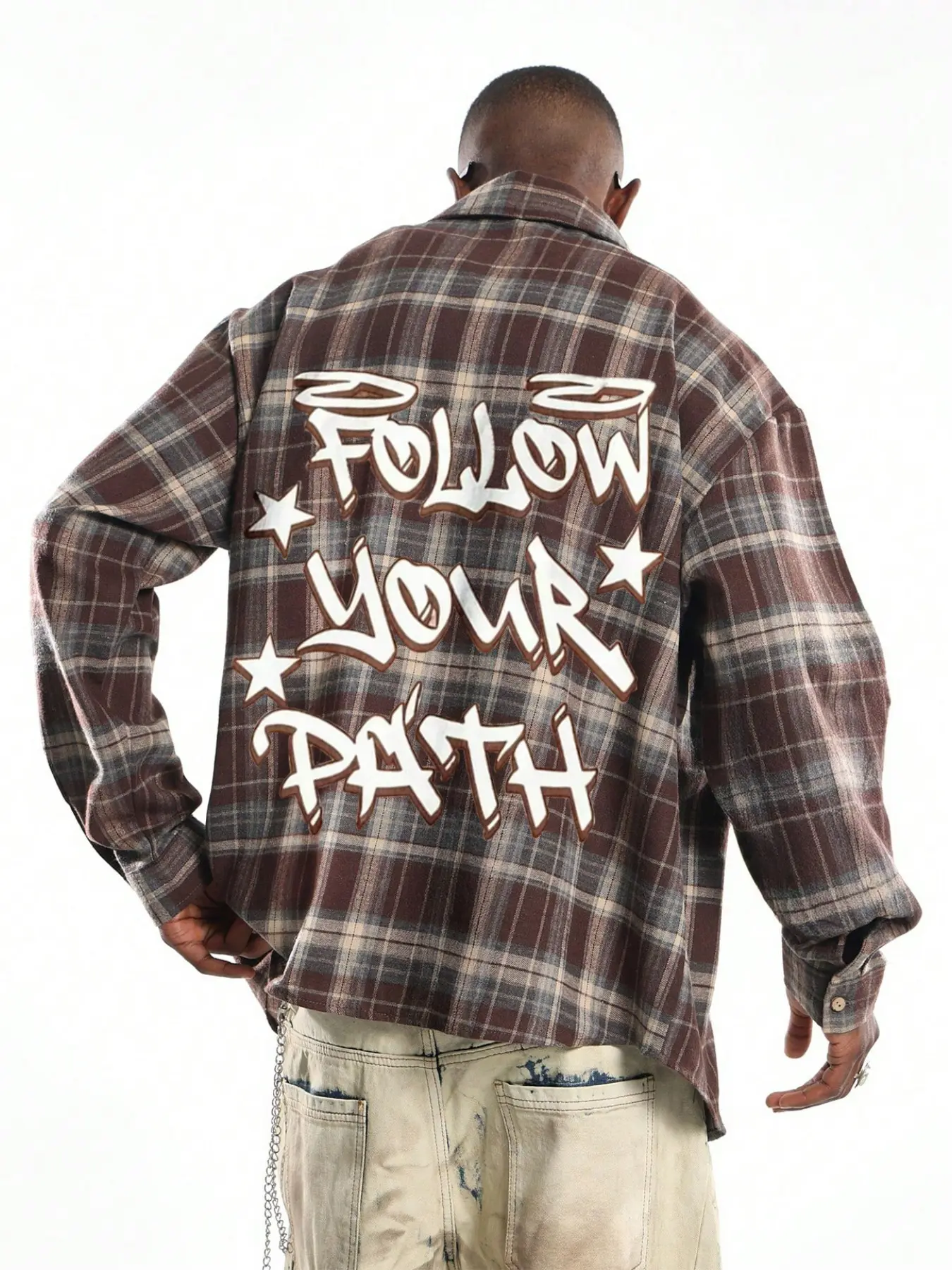 Long Sleeve Plaid Shacket | Bold Back Graffiti Slogan Printing, Drop Shoulder Baggy Top For Young Guys Urban Street Style & Casual Outdoor Wear