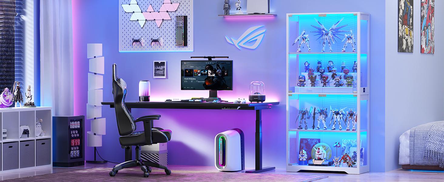 MIIFUNY Display Cabinet with Glass Doors, Storage Cabinet with 3 Color Light, 4-Tier Curio Cabinet Bookcase for Collectibles, Toys, Books, for Playroom, Bedroom, Study Room, White