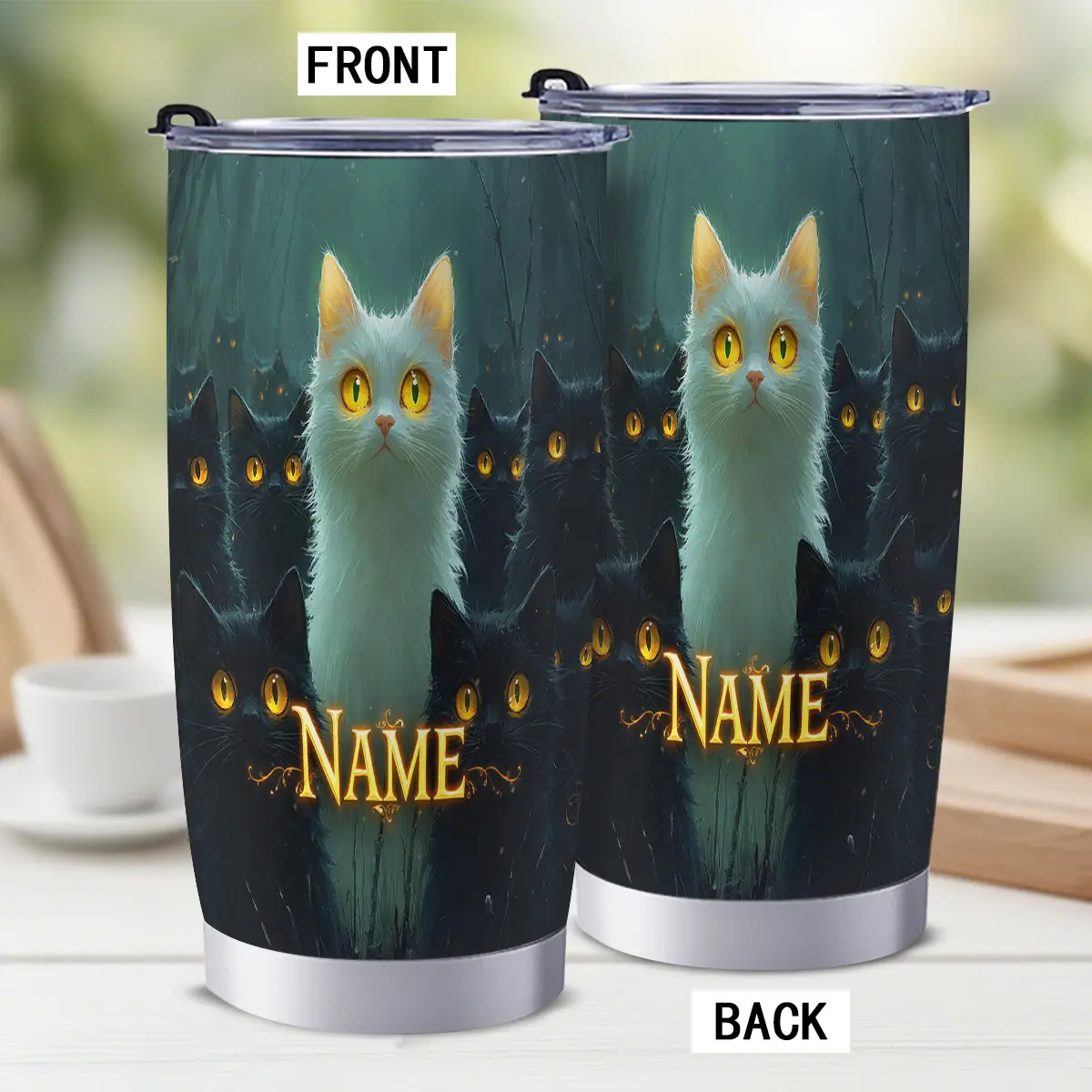 Customized 1pc White Cat Surrounded by Black Cats Designed 20oz Stainless Steel Insulated Cup Tumbler Cup with Straw and Lid, Trendy Custom Name/Text 600ml Cup Coffee Mug Travel Cup Car Cup for Daily Use Gift Home Car Gym Travel Fitness Office
