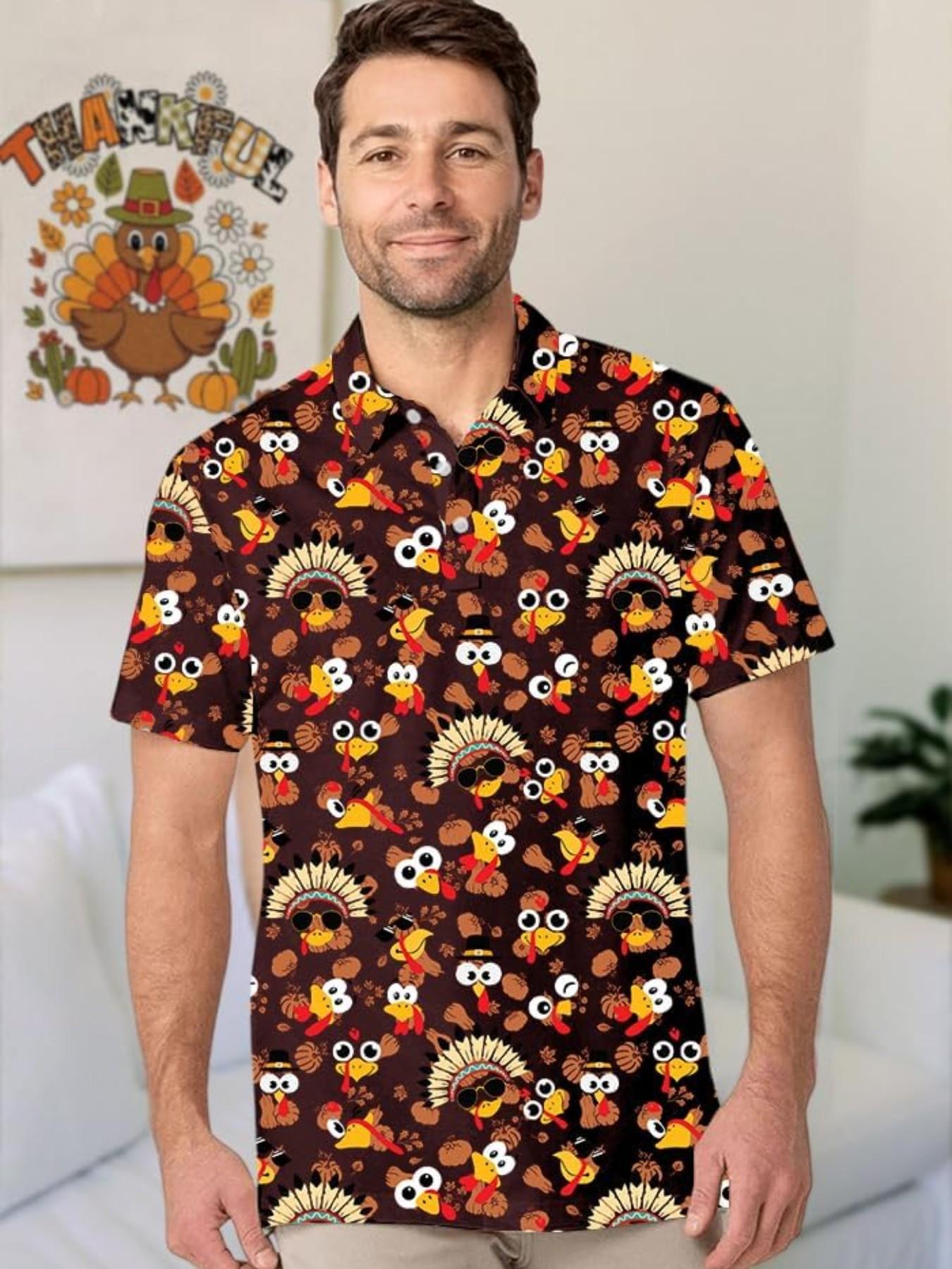Men's Thanksgiving Theme Polo Shirt, Cartoon Turkey Pumpkin Pattern, Turn-Down Collar Three Button Short Sleeve, Breathable Festival Golf Top，Unisex (Recommended ordering one size up),polo shirt for men,deals of the day