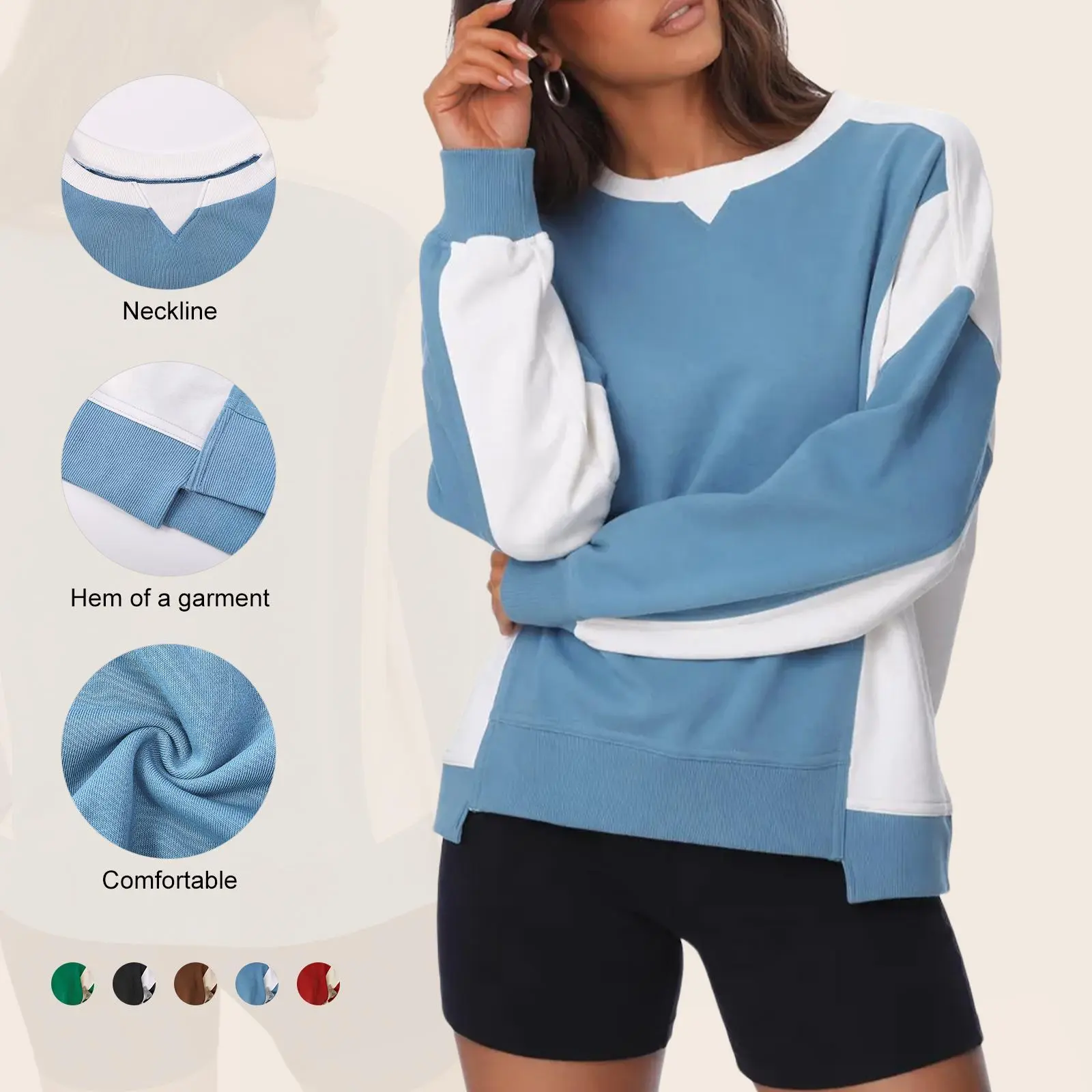 Imily Bela Women Contrast Patchwork Sweatshirt Oversized Round Neck Soft Daily Basic Jumper