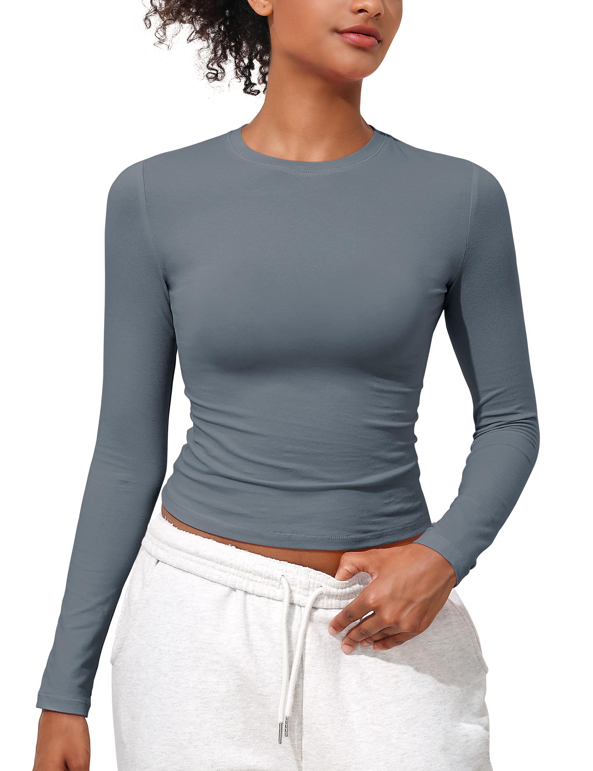 Hilor Women's Long Sleeve T Shirts Crew Neck Tight Fitted Tee Tops Basic Going Out Tops Crop Y2K Clothes