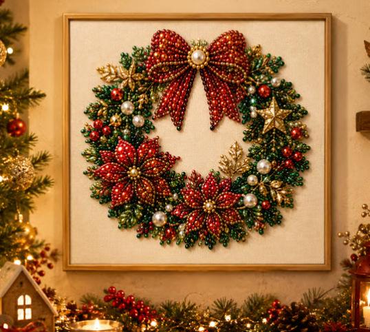Frameless 3D Beaded Bedazzled Kit, Xmas Theme Pearl Diamond Painting, Wreath Stocking Mosaic Art, Stress Relief DIY Indoor Recreation Home Wall Decoration