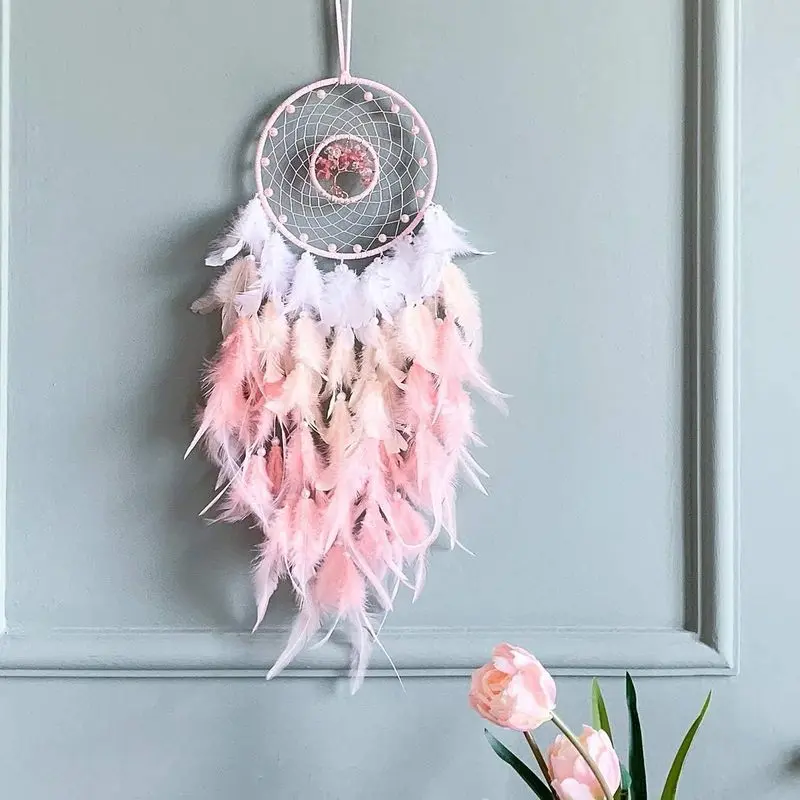 Pink Dream Catcher Tree of Life Wall Decor, with Natural Healing Crystal Stone, Pink Crystal Handmade Dreamlike Dream Catchers for Girls Bedroom Decor Art Craft Gift