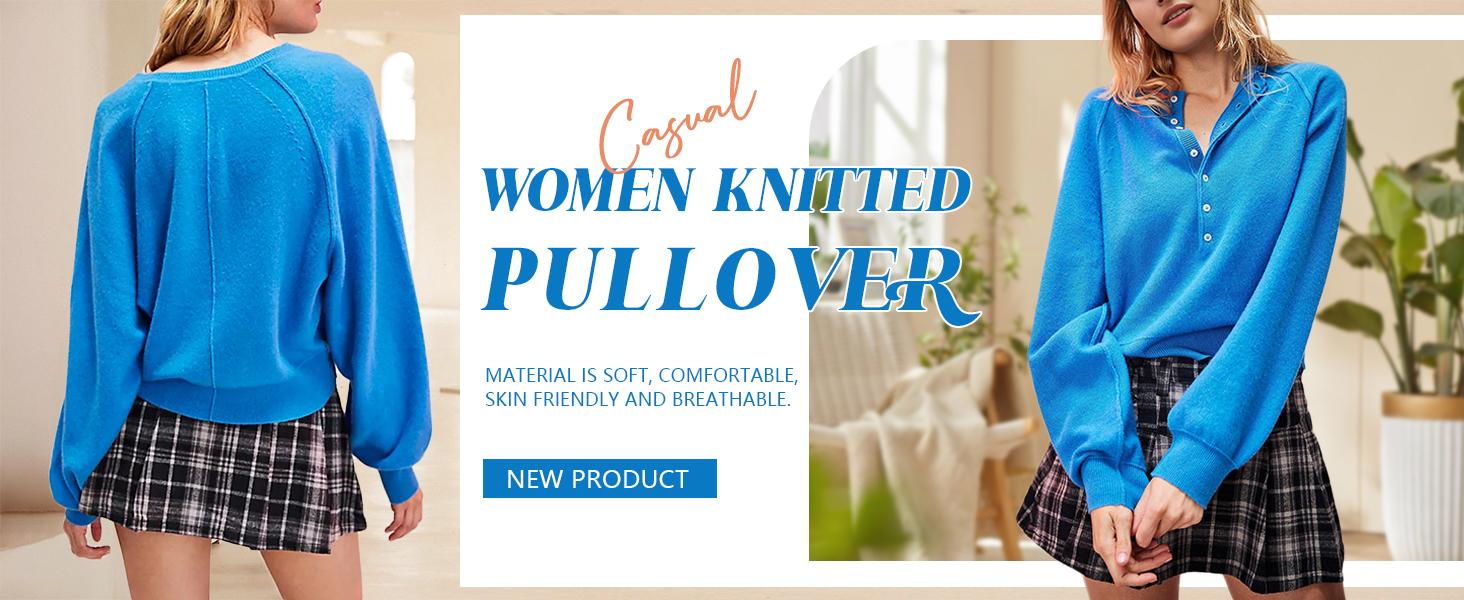 UANEO Womens Long Sleeve Kinitting Sweater Tops Half Button Sweaters Henley Neckline Casual Lightweight Solid Pullover Knitting