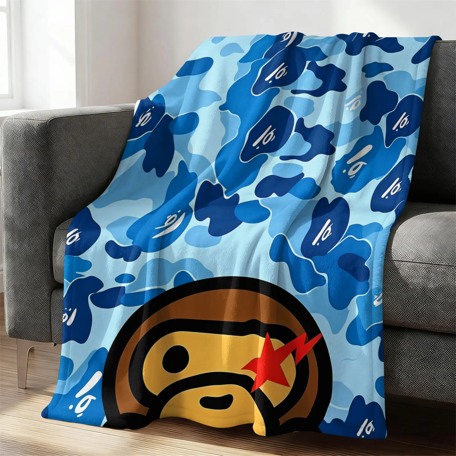 Blue Camouflage Cartoon Ape Red Star Lightning Bolts Flannel Blanket, Soft and Lightweight Durable, Ideal for Bedroom Dorm Gaming Room Decor, Sofa Throw Cover, Office Nap Mat, Car Cover Blanket and Cool Gift