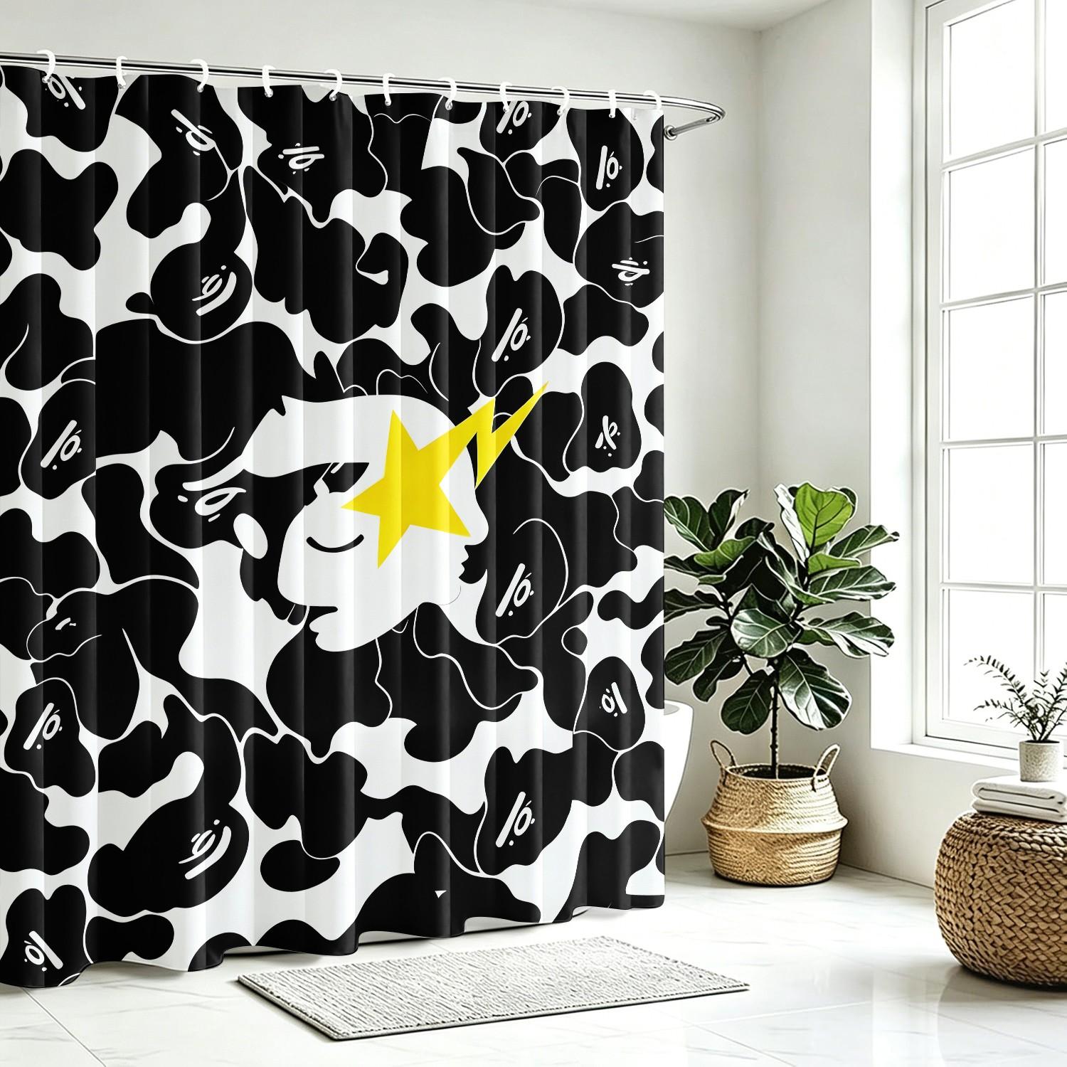 Black and White Camouflage Yellow Star Lightning Ape Head Print Aesthetic Shower Curtain, Waterproof Oxford 12 Hooks Easy Install, Privacy Bath Curtain, Streetwear Enthusiast Home/Dorm/Gaming Room Bathroom Decor