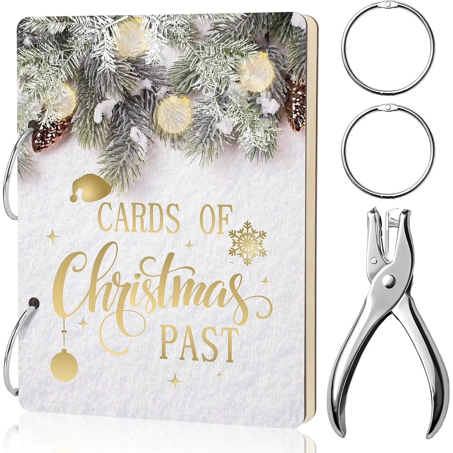 Cedar Pine Wooden Christmas Greeting Card Organizer Binder with Metal Buckles, Modern Synthetic Card Storage Set for Holiday Memory Photo Keeping